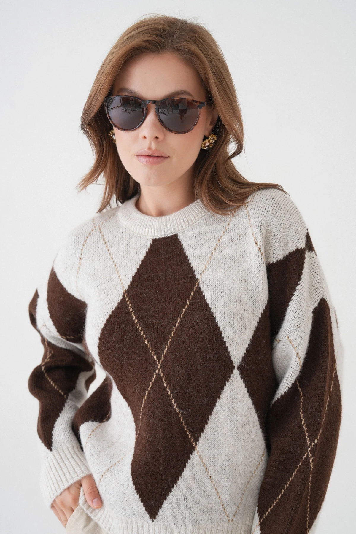 Kadın Bisiklet Yaka Baklava Desenli Triko Kazak 8490Sw