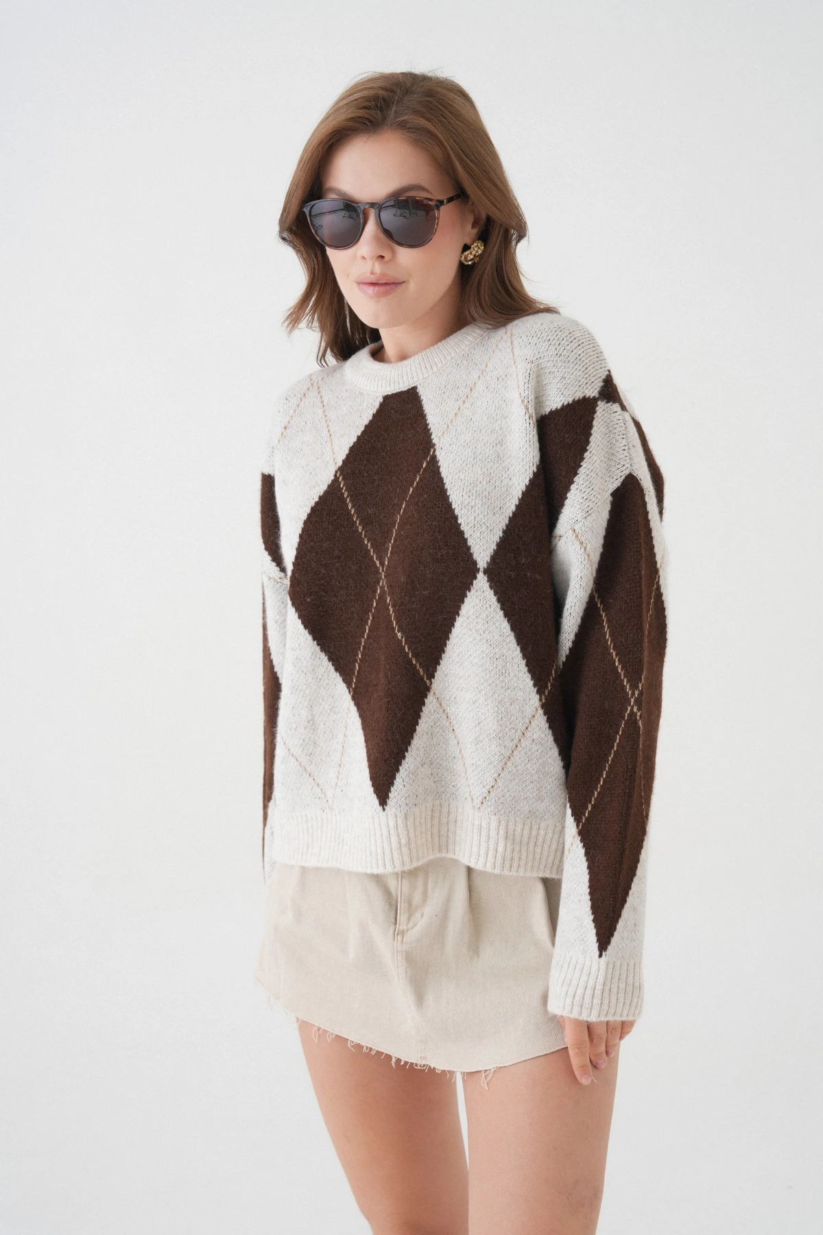 Kadın Bisiklet Yaka Baklava Desenli Triko Kazak 8490Sw