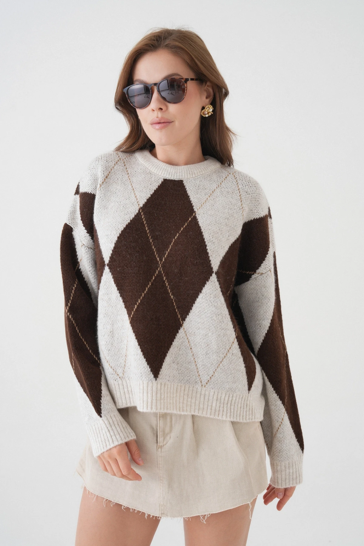 Kadın Bisiklet Yaka Baklava Desenli Triko Kazak 8490Sw