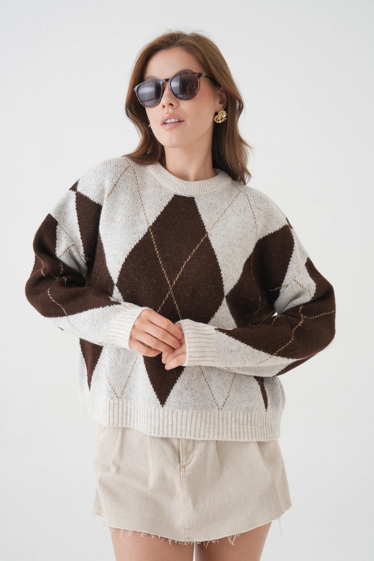 Kadın Bisiklet Yaka Baklava Desenli Triko Kazak 8490Sw