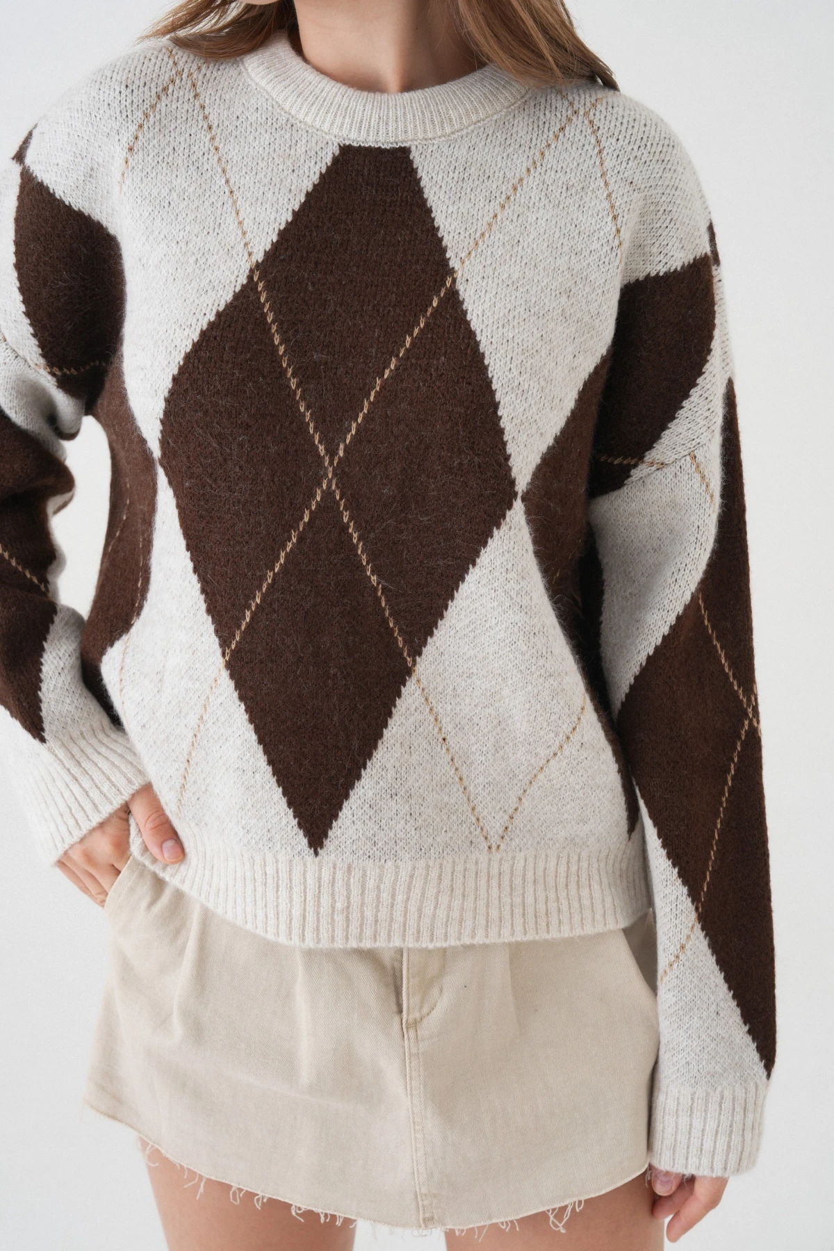 Kadın Bisiklet Yaka Baklava Desenli Triko Kazak 8490Sw