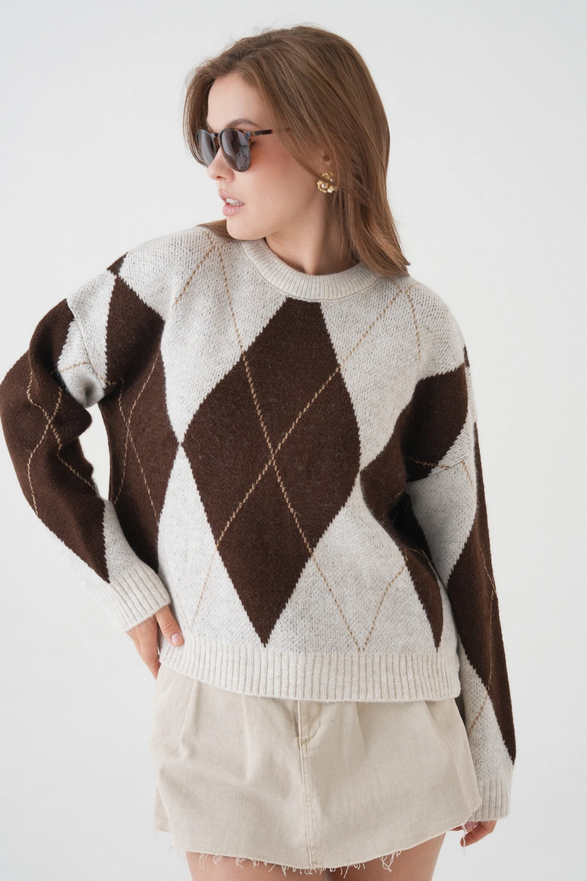 Kadın Bisiklet Yaka Baklava Desenli Triko Kazak 8490Sw