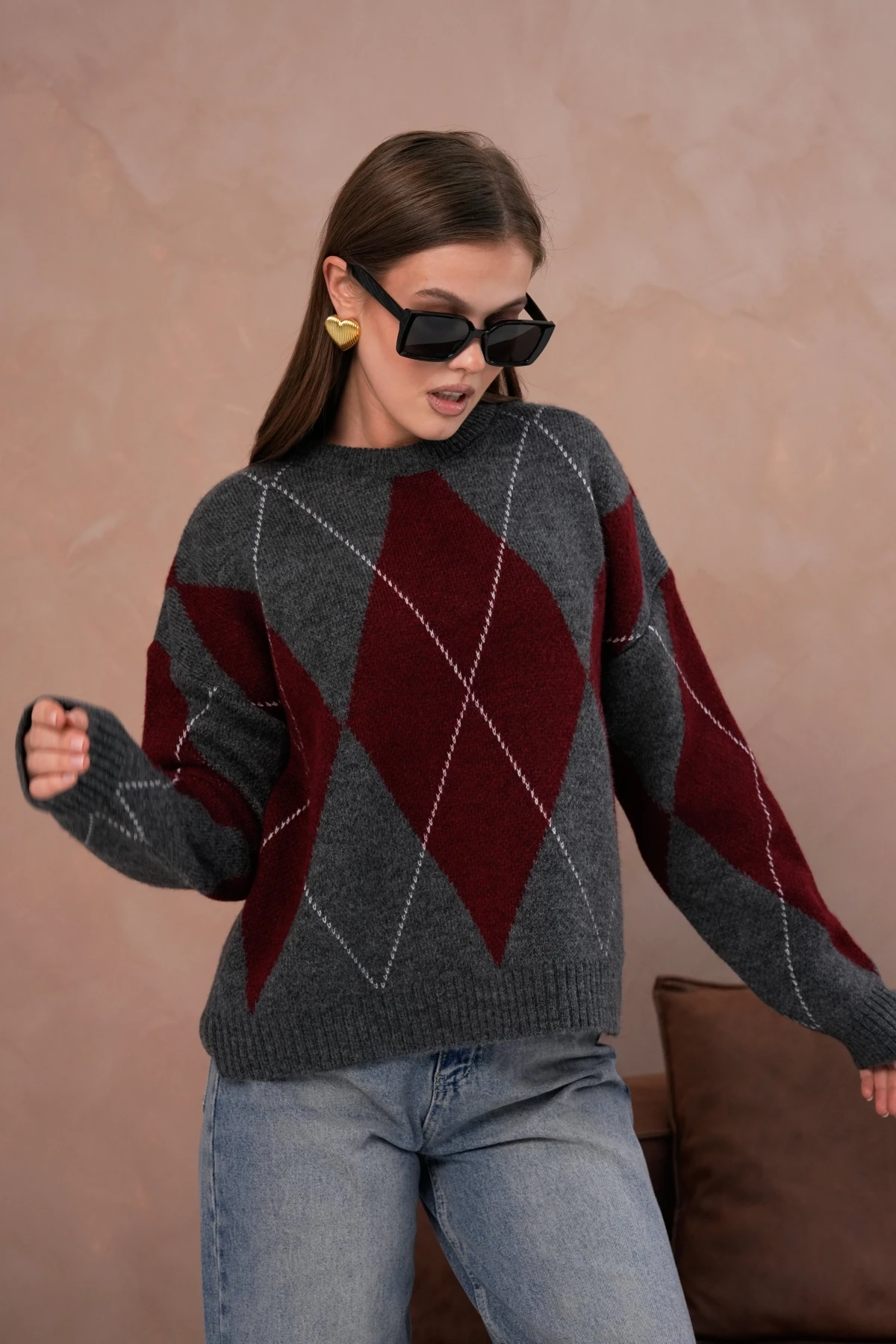 Kadın Bisiklet Yaka Baklava Desenli Triko Kazak 8490Sw