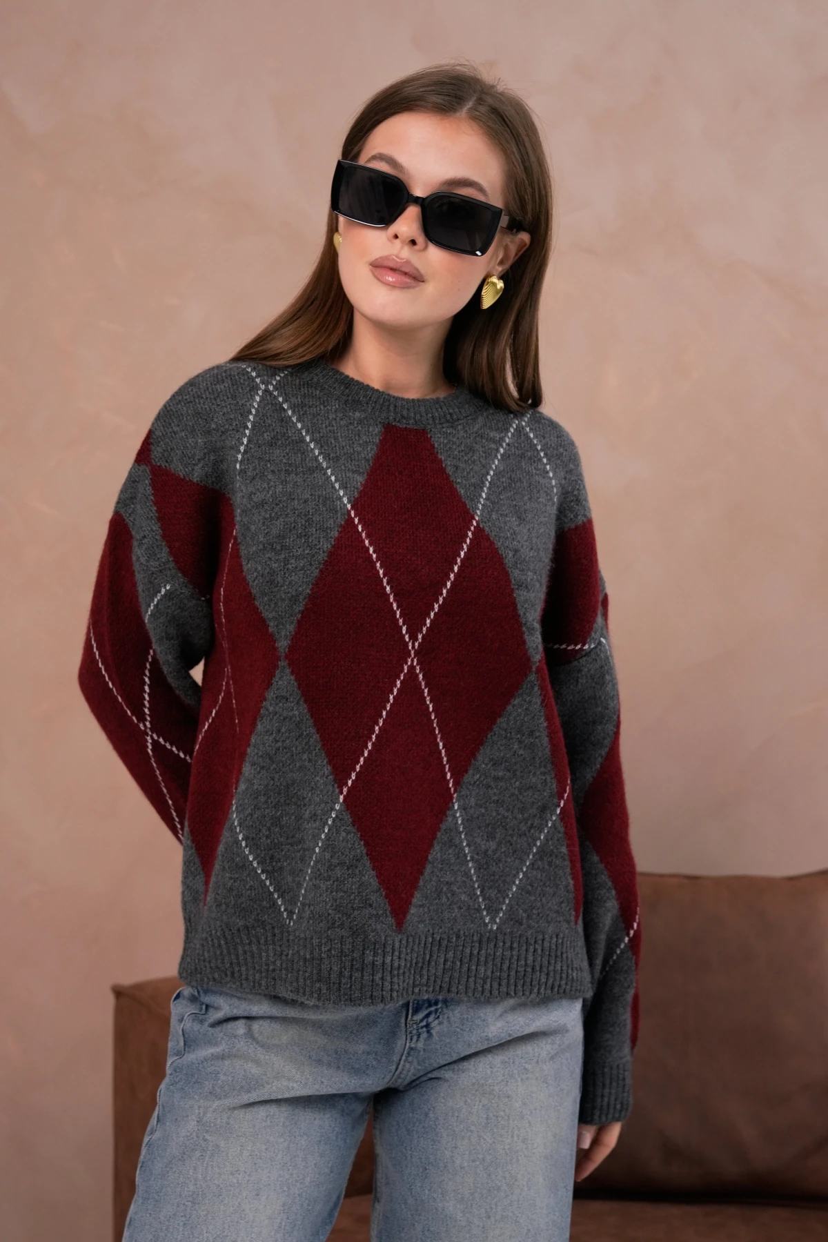 Kadın Bisiklet Yaka Baklava Desenli Triko Kazak 8490Sw