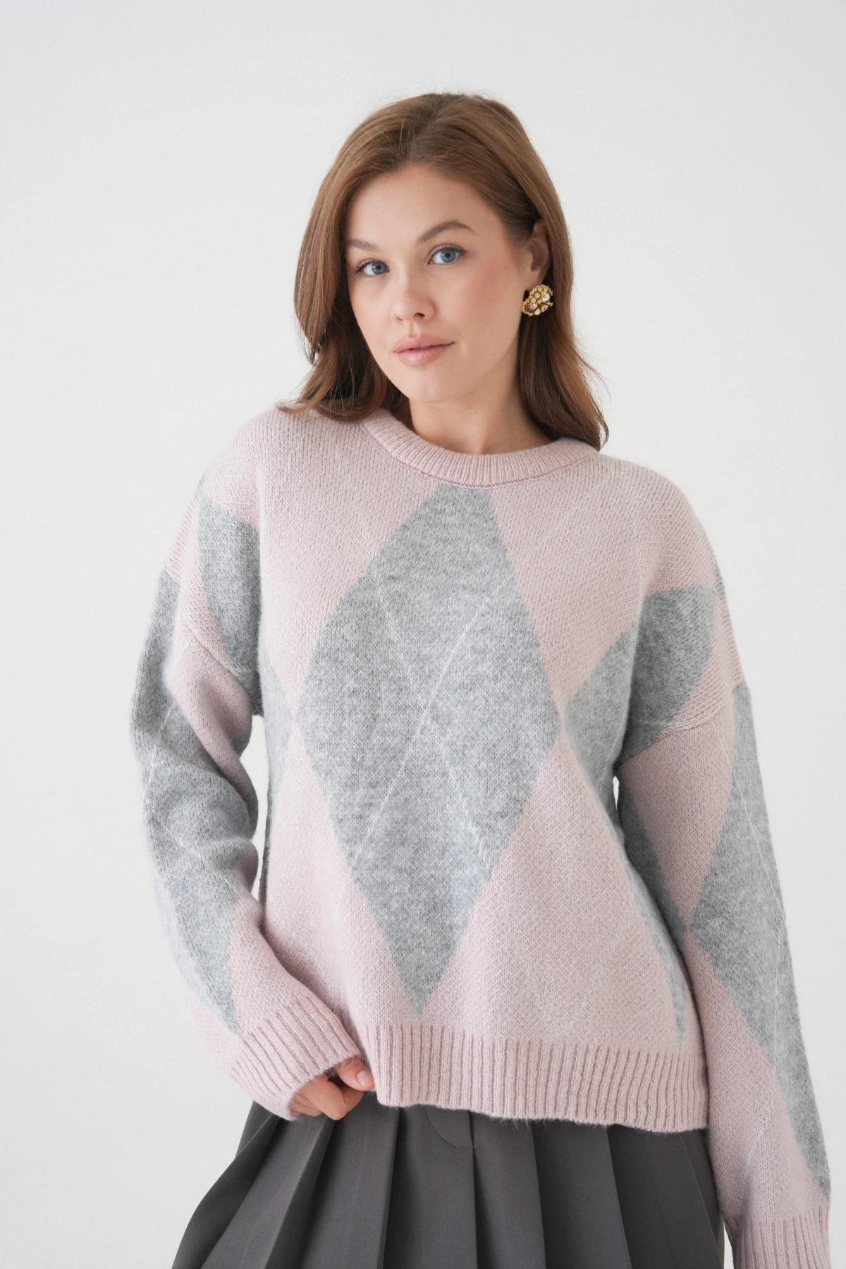 Kadın Bisiklet Yaka Baklava Desenli Triko Kazak 8490Sw