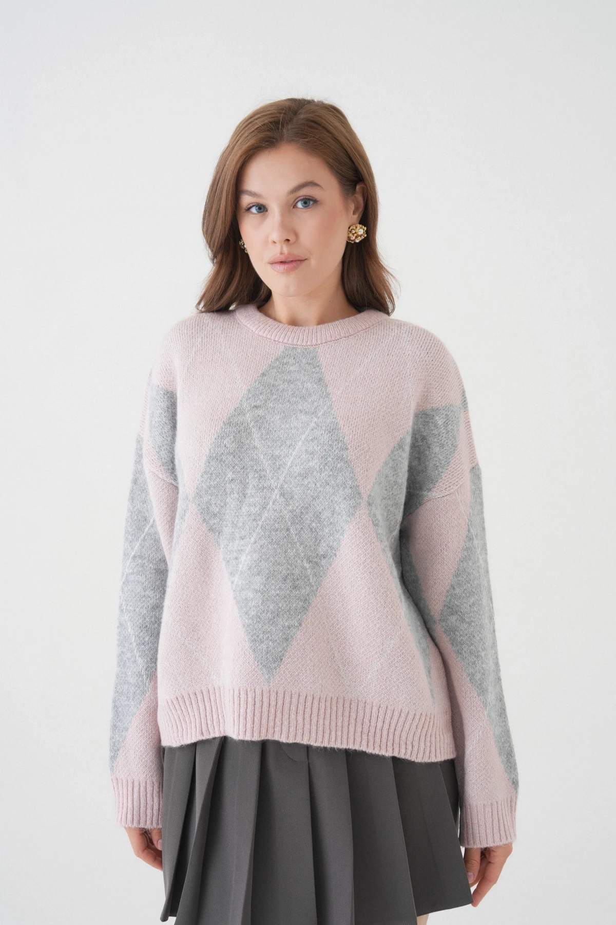 Kadın Bisiklet Yaka Baklava Desenli Triko Kazak 8490Sw