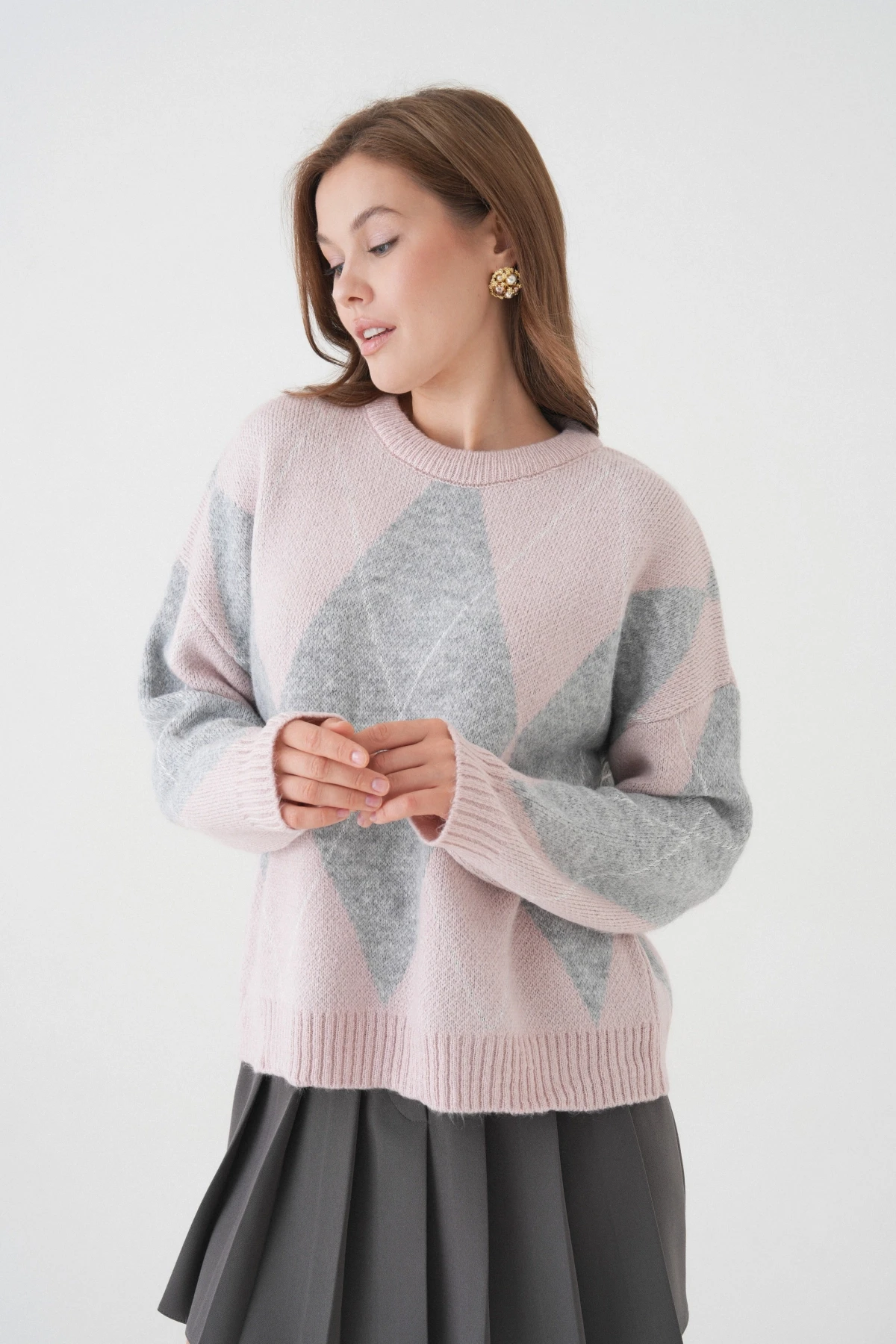 Kadın Bisiklet Yaka Baklava Desenli Triko Kazak 8490Sw