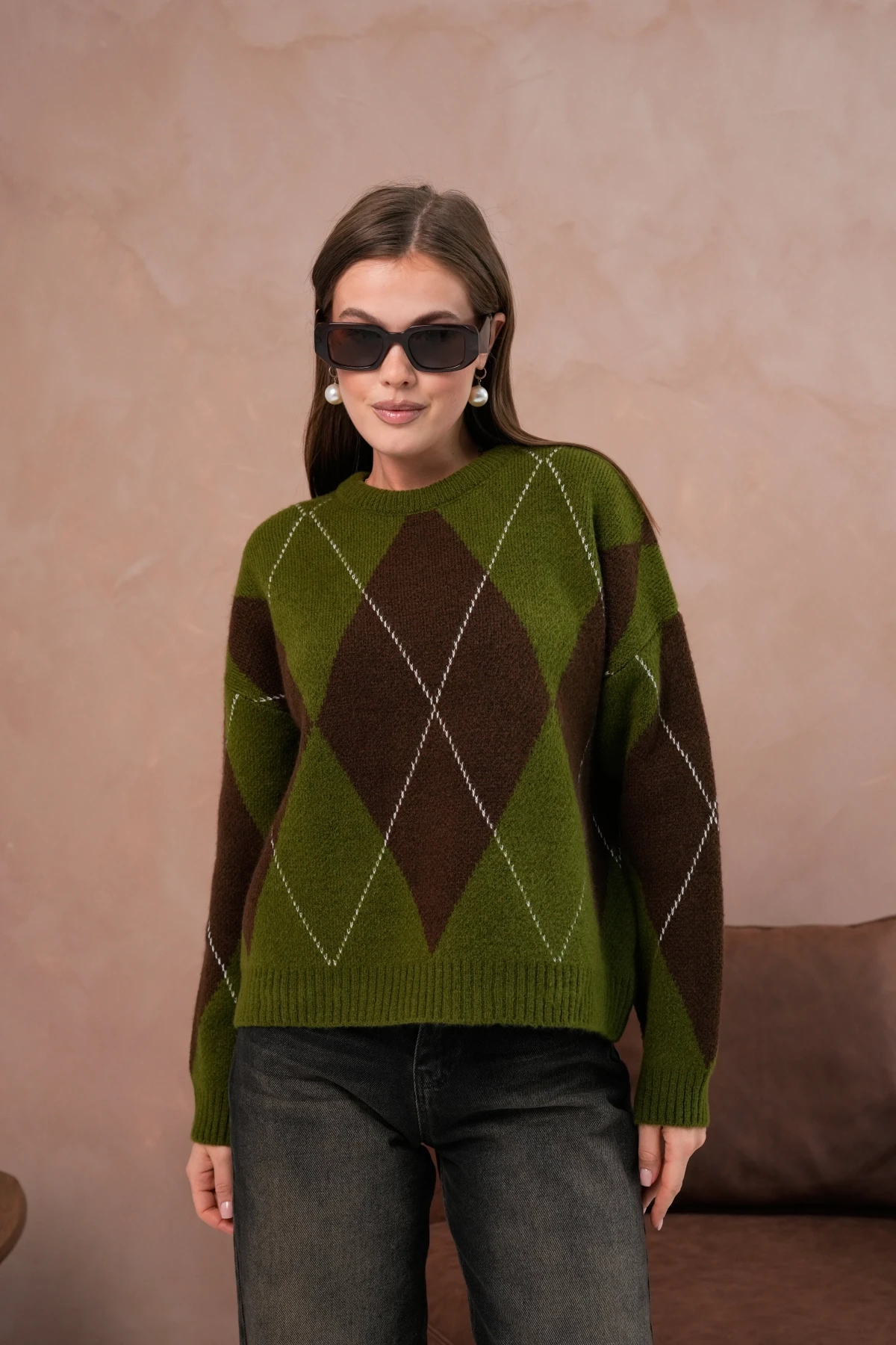 Kadın Bisiklet Yaka Baklava Desenli Triko Kazak 8490Sw