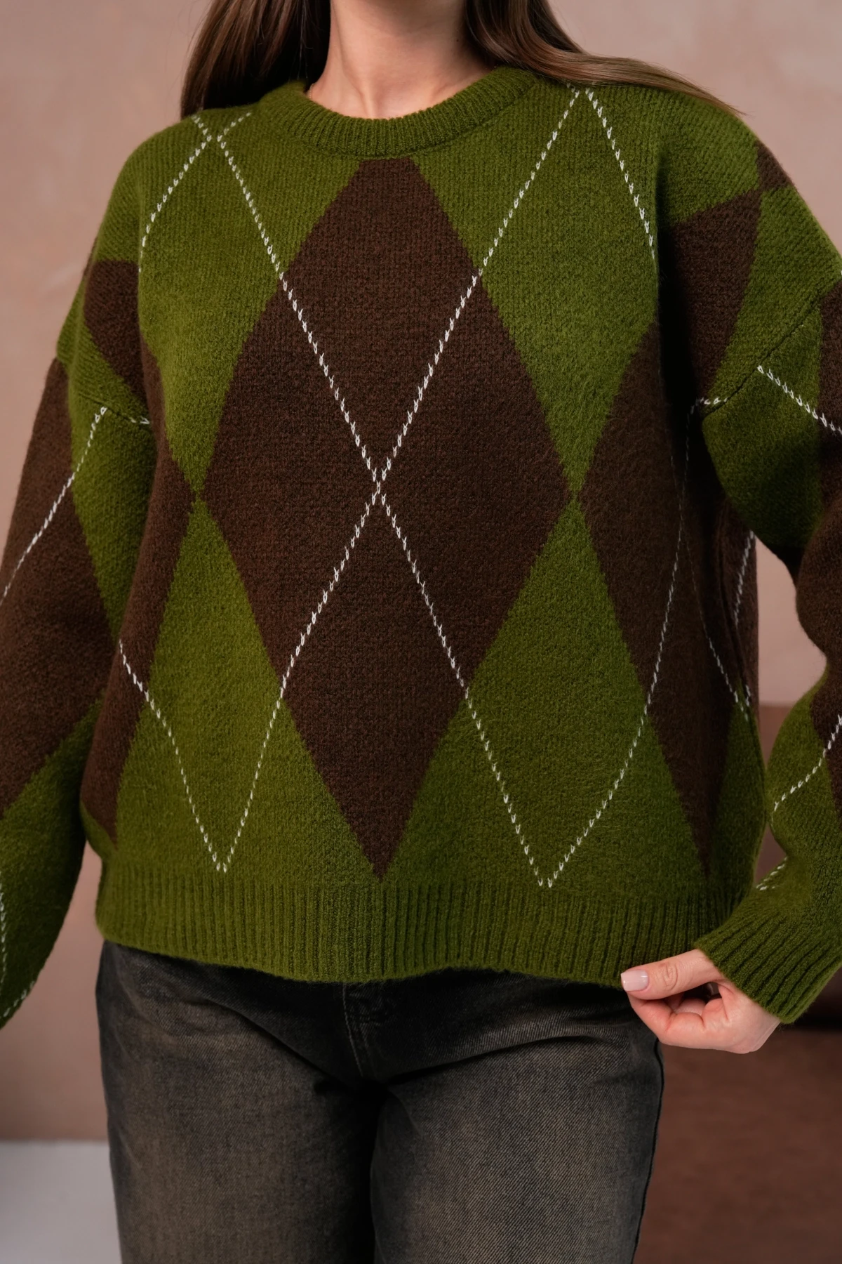 Kadın Bisiklet Yaka Baklava Desenli Triko Kazak 8490Sw