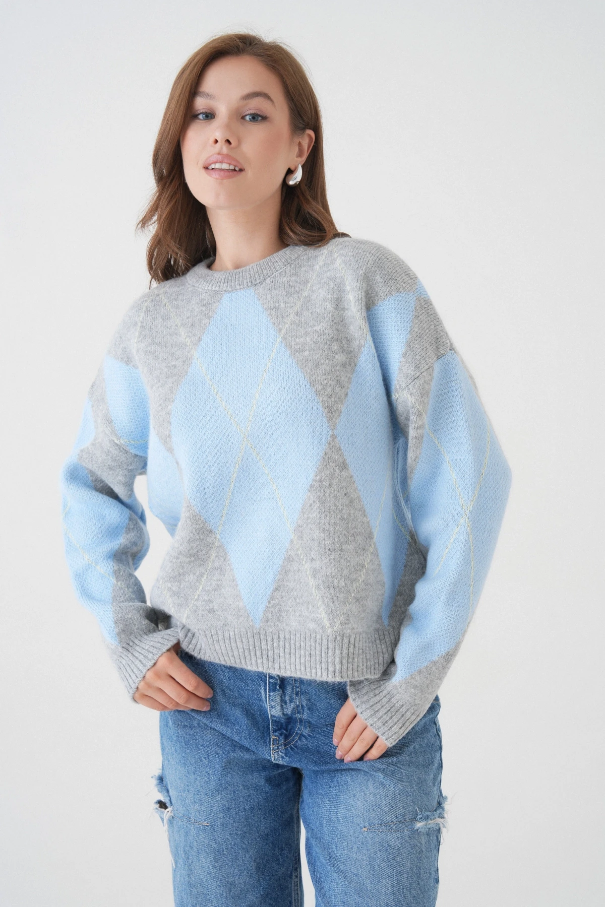 Kadın Bisiklet Yaka Baklava Desenli Triko Kazak 8490Sw