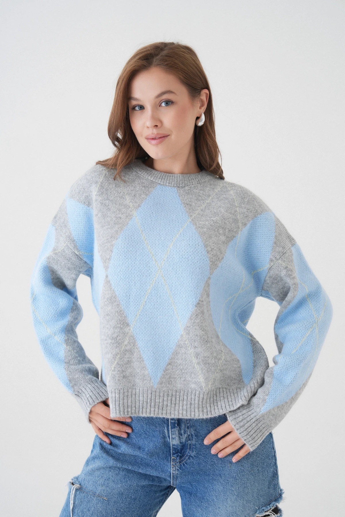 Kadın Bisiklet Yaka Baklava Desenli Triko Kazak 8490Sw