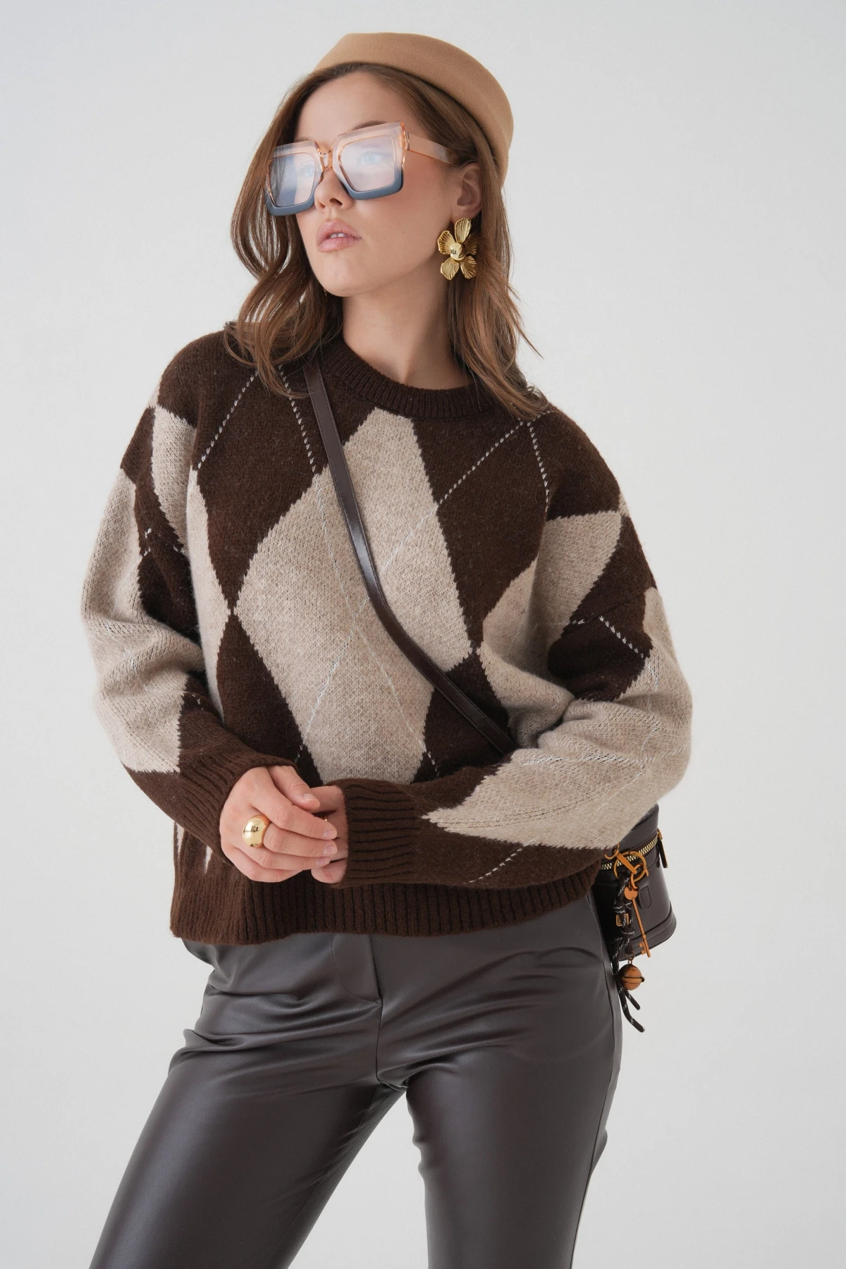 Kadın Bisiklet Yaka Baklava Desenli Triko Kazak 8490Sw