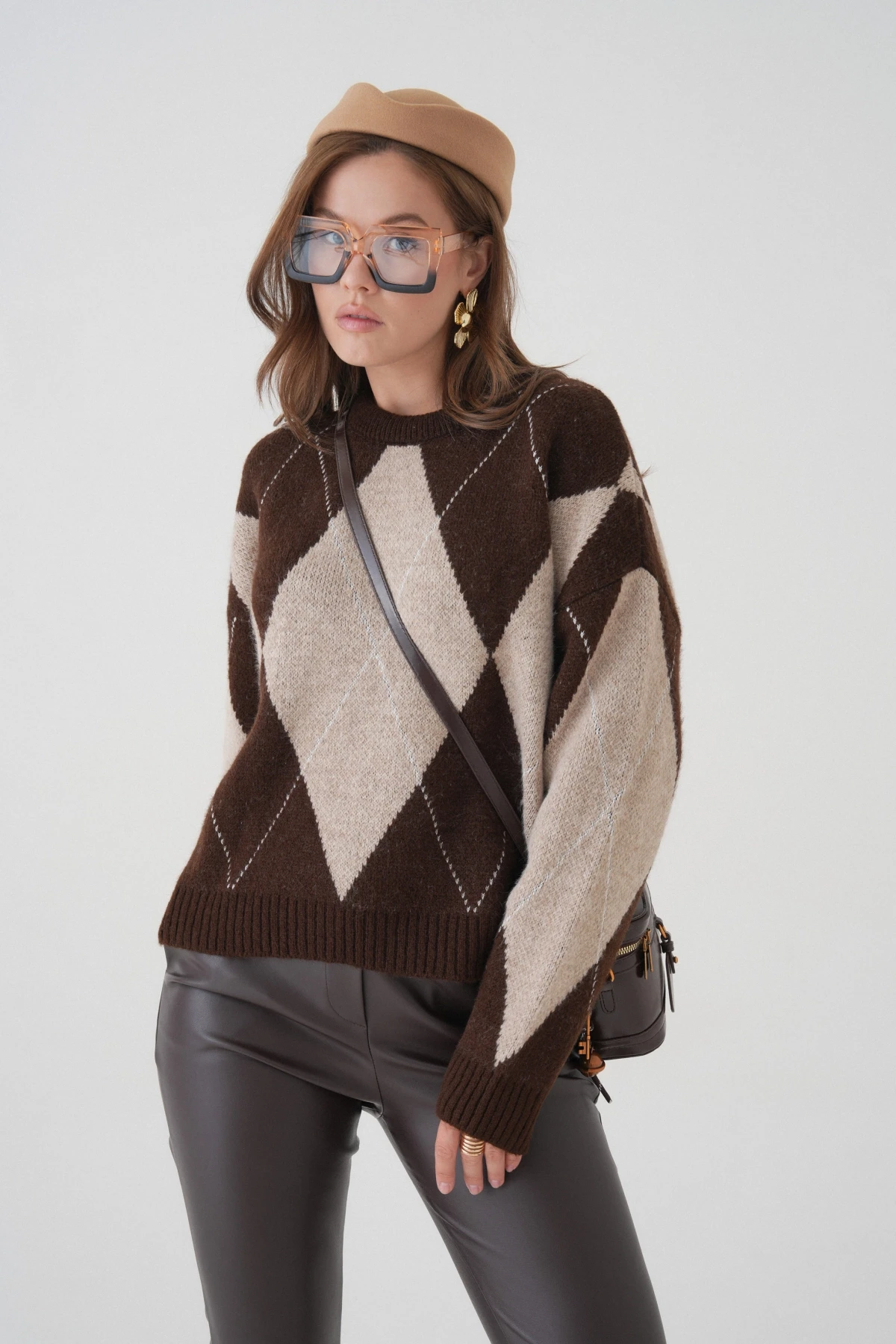 Kadın Bisiklet Yaka Baklava Desenli Triko Kazak 8490Sw