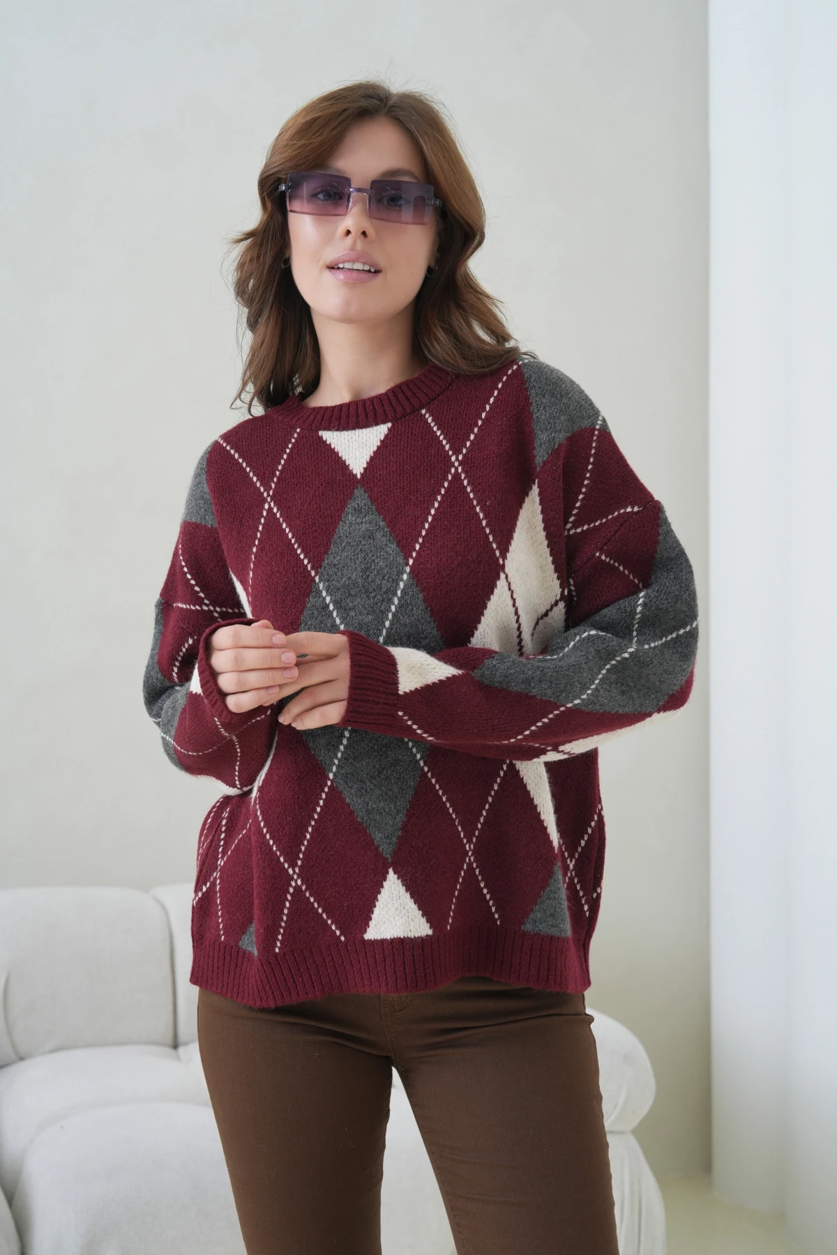 Kadın Bisiklet Yaka Baklava Desenli Triko Kazak 8704Sw