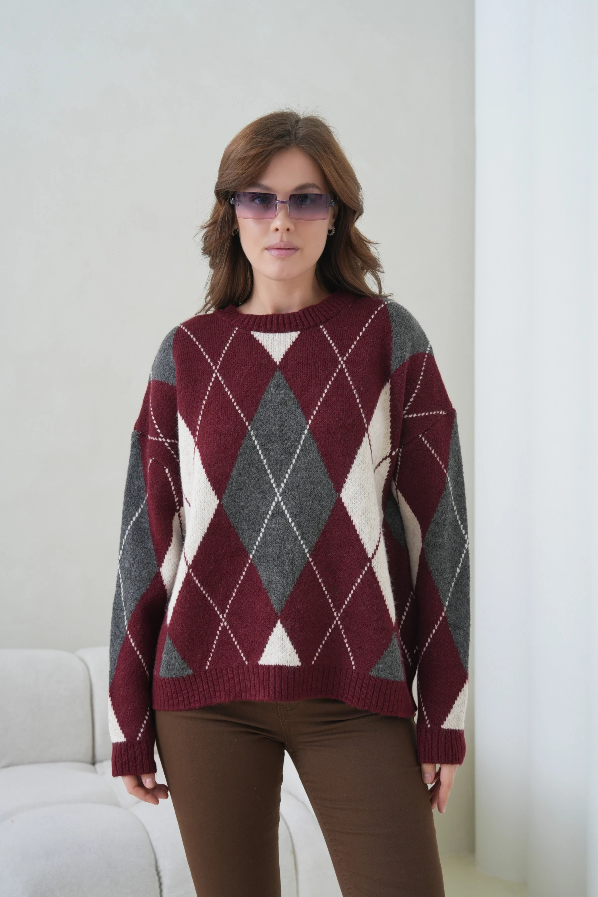 Kadın Bisiklet Yaka Baklava Desenli Triko Kazak 8704Sw