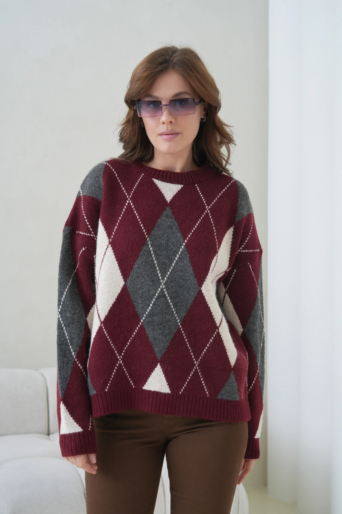 Kadın Bisiklet Yaka Baklava Desenli Triko Kazak 8704Sw