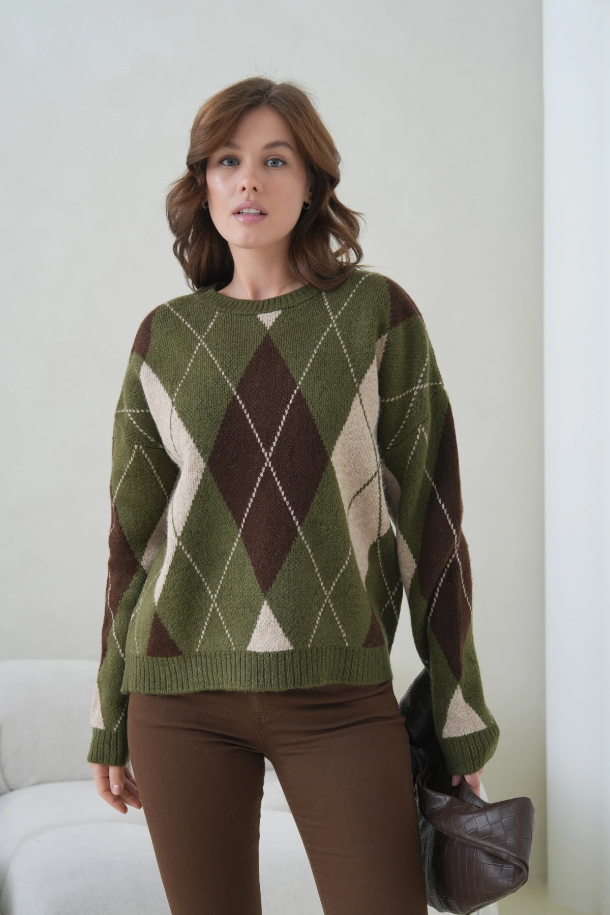 Kadın Bisiklet Yaka Baklava Desenli Triko Kazak 8704Sw