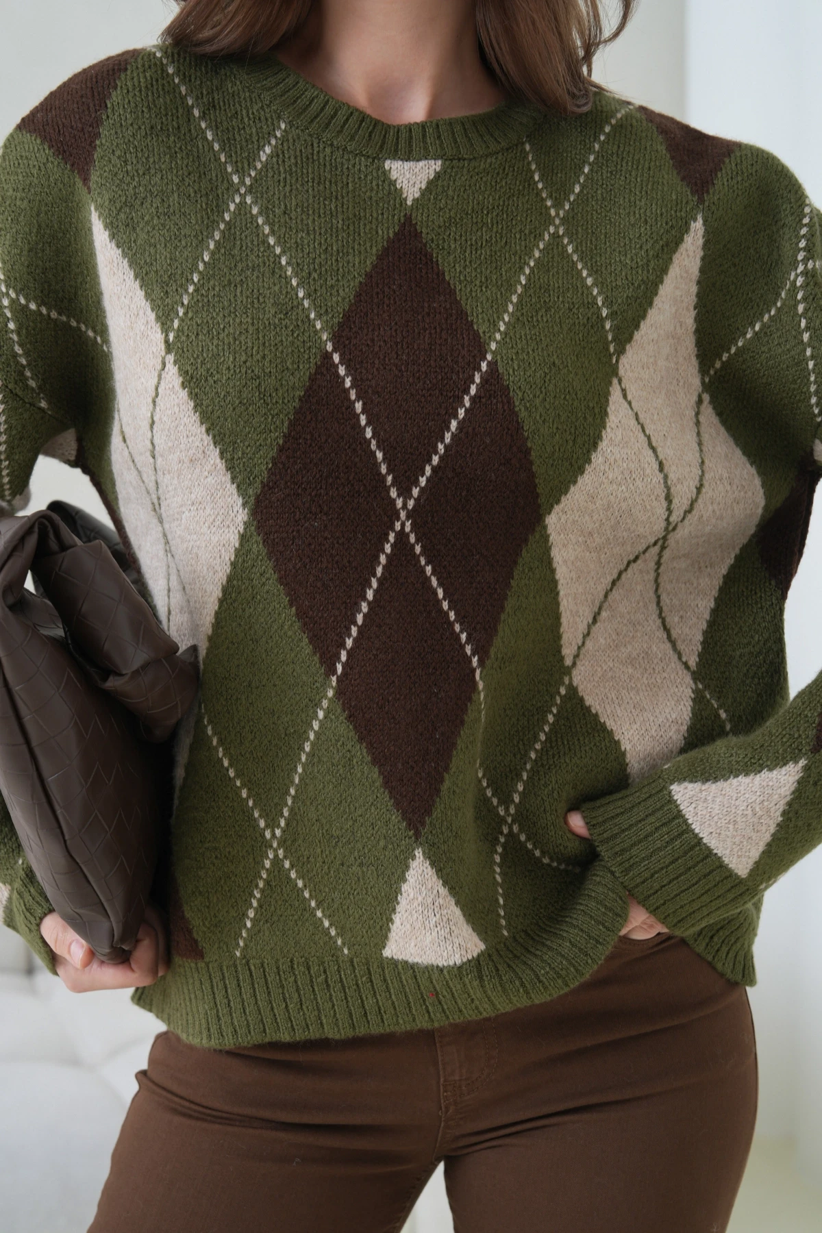 Kadın Bisiklet Yaka Baklava Desenli Triko Kazak 8704Sw