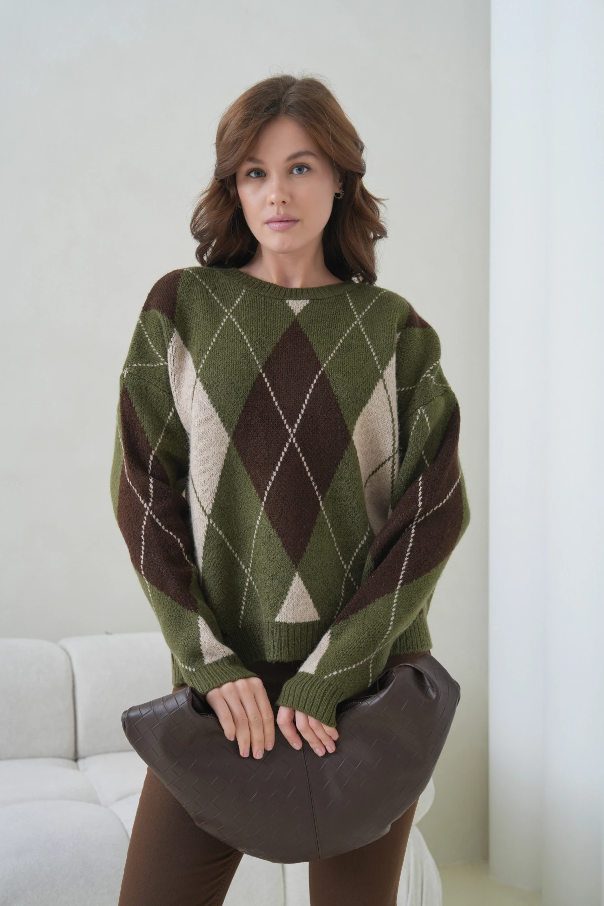 Kadın Bisiklet Yaka Baklava Desenli Triko Kazak 8704Sw