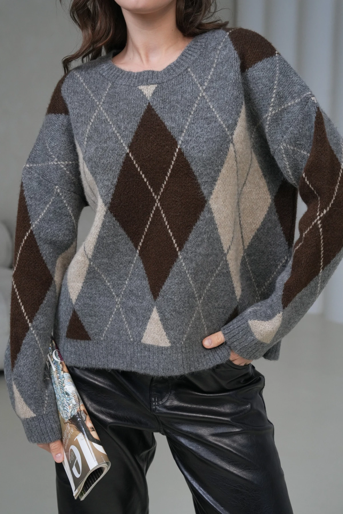 Kadın Bisiklet Yaka Baklava Desenli Triko Kazak 8704Sw