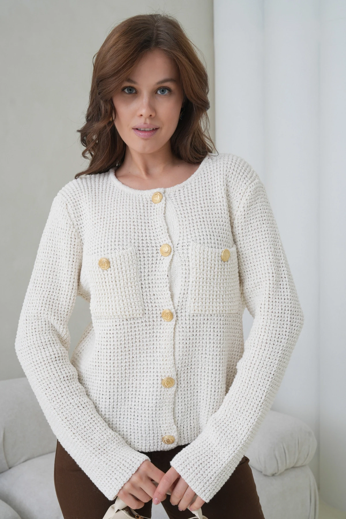 Kadın Bisiklet Yaka Cepli Düğme Detay Drapeli Selanik Triko Ceket HI00101