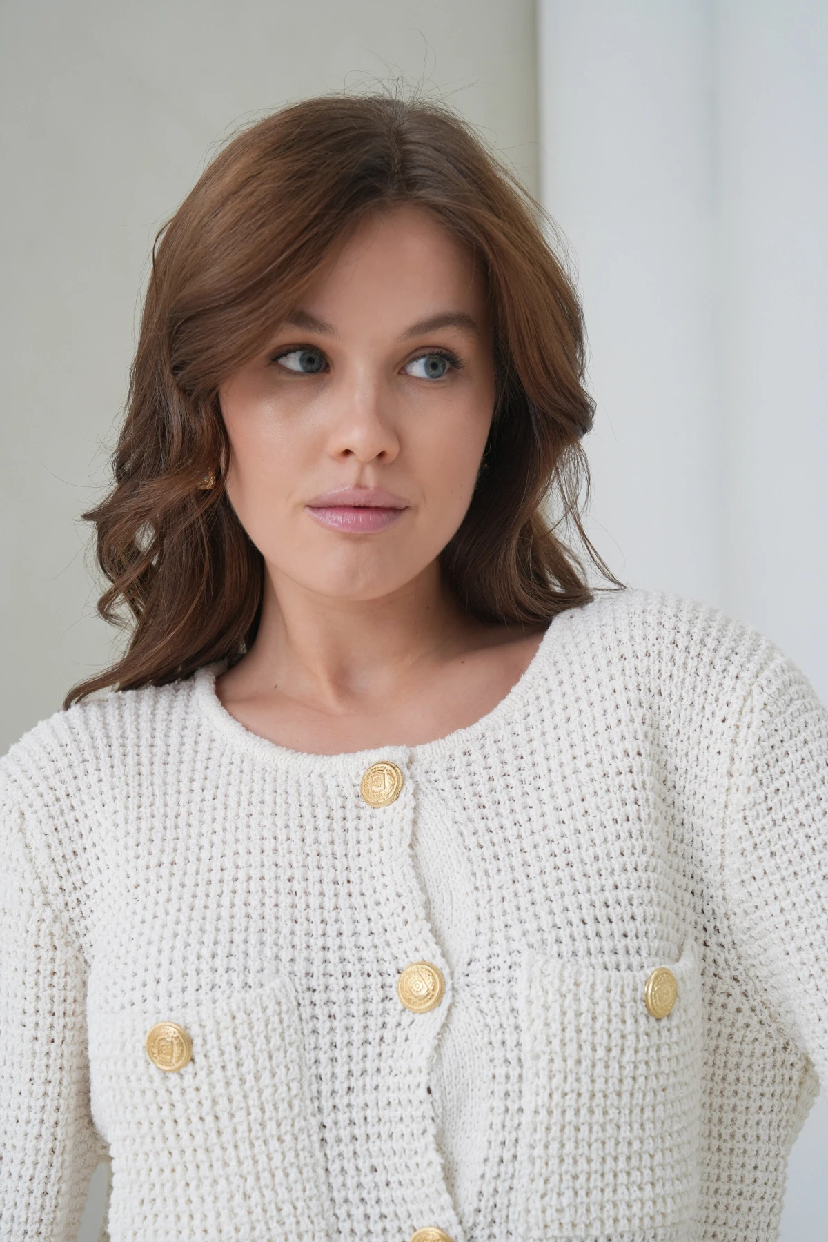 Kadın Bisiklet Yaka Cepli Düğme Detay Drapeli Selanik Triko Ceket HI00101