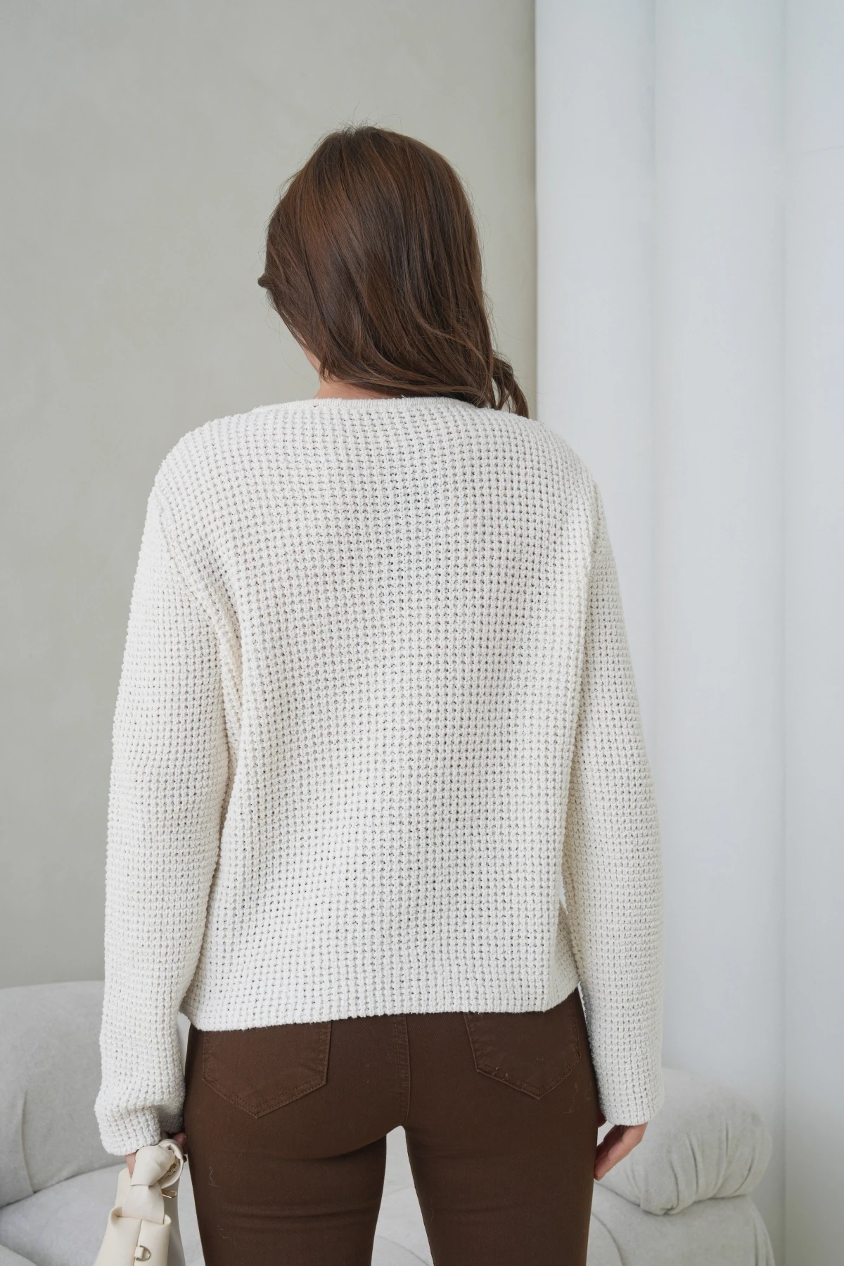 Kadın Bisiklet Yaka Cepli Düğme Detay Drapeli Selanik Triko Ceket HI00101