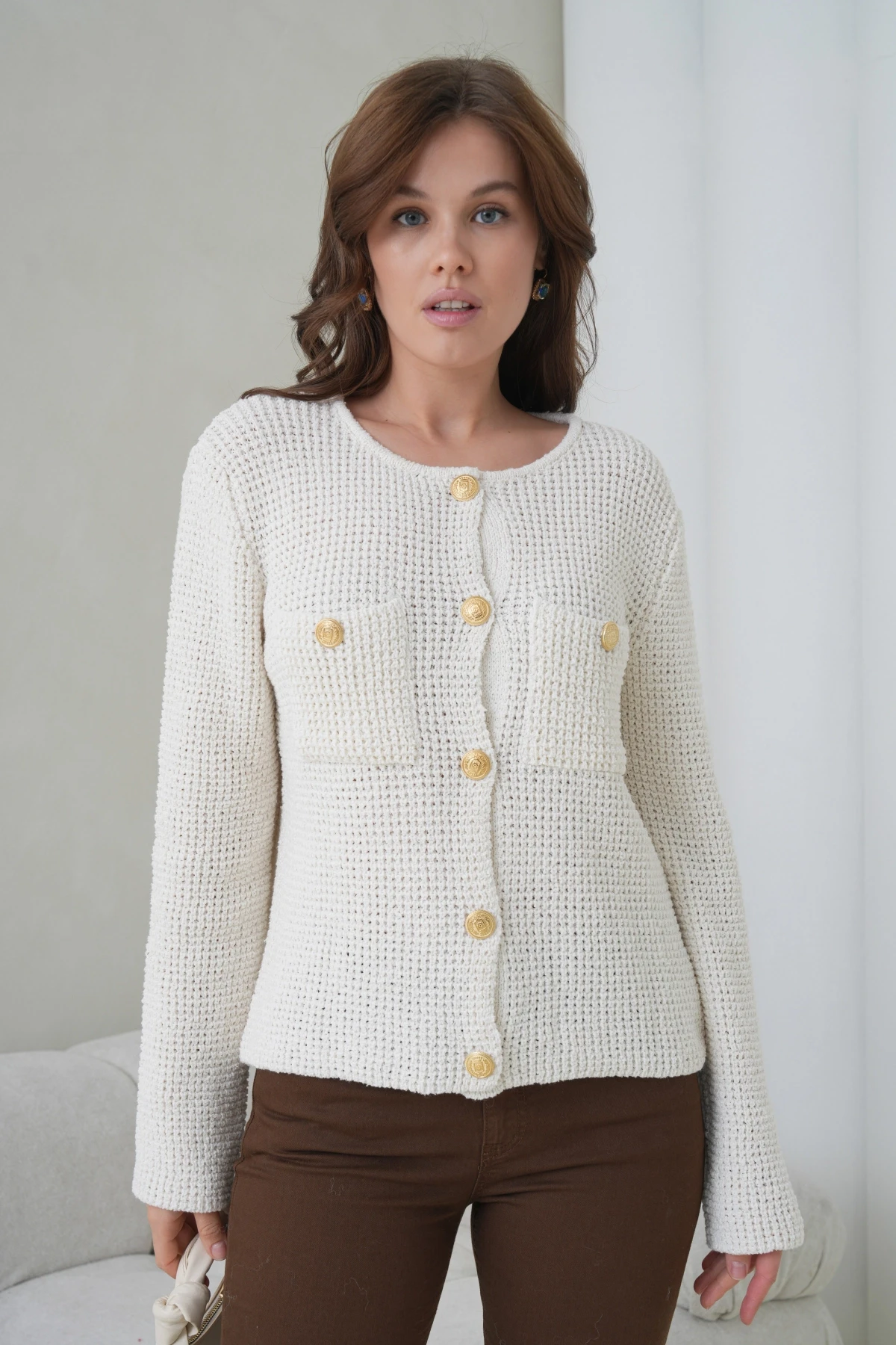 Kadın Bisiklet Yaka Cepli Düğme Detay Drapeli Selanik Triko Ceket HI00101