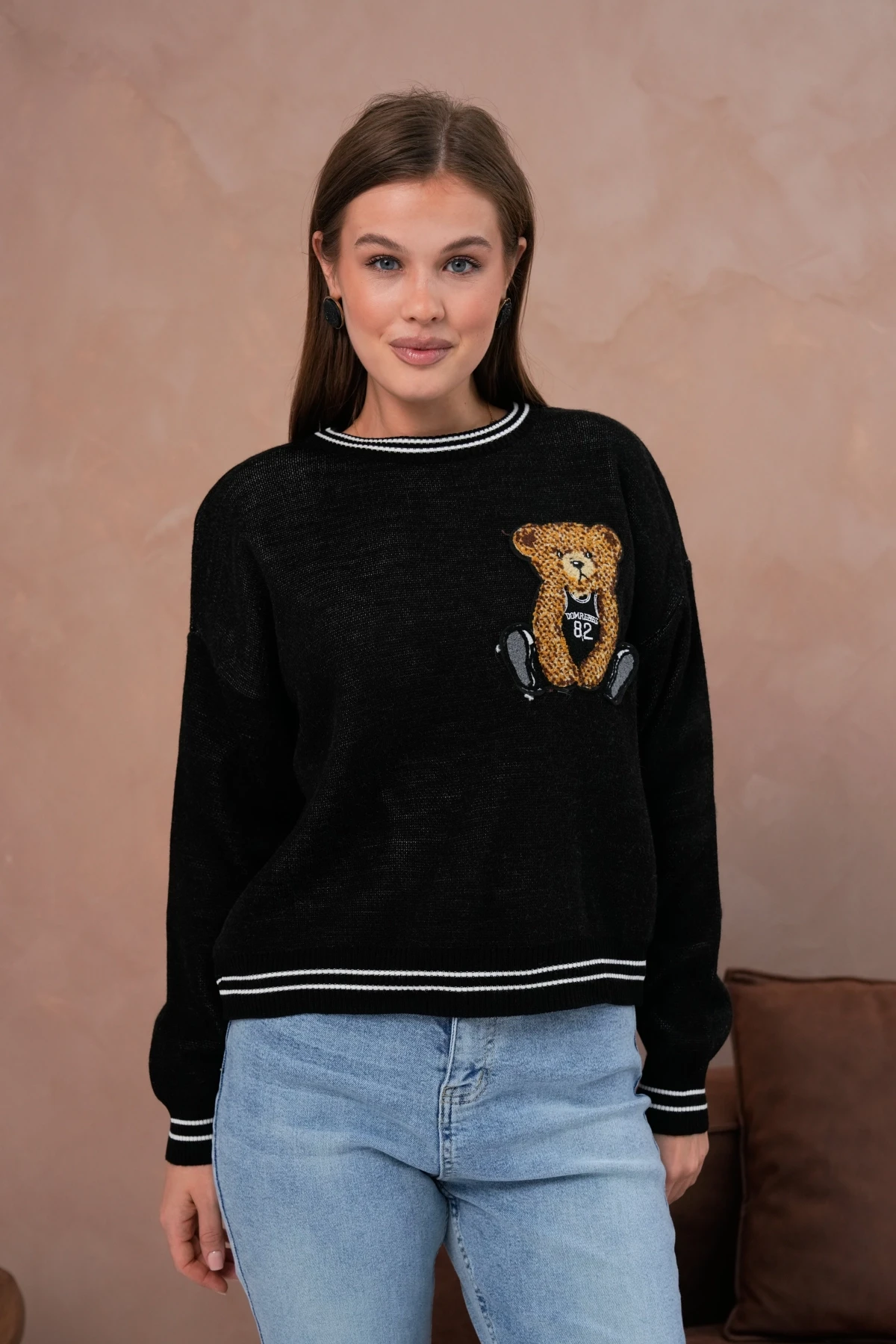 Kadın Bisiklet Yaka Çizgi Detay Nakışlı Triko Kazak 10519