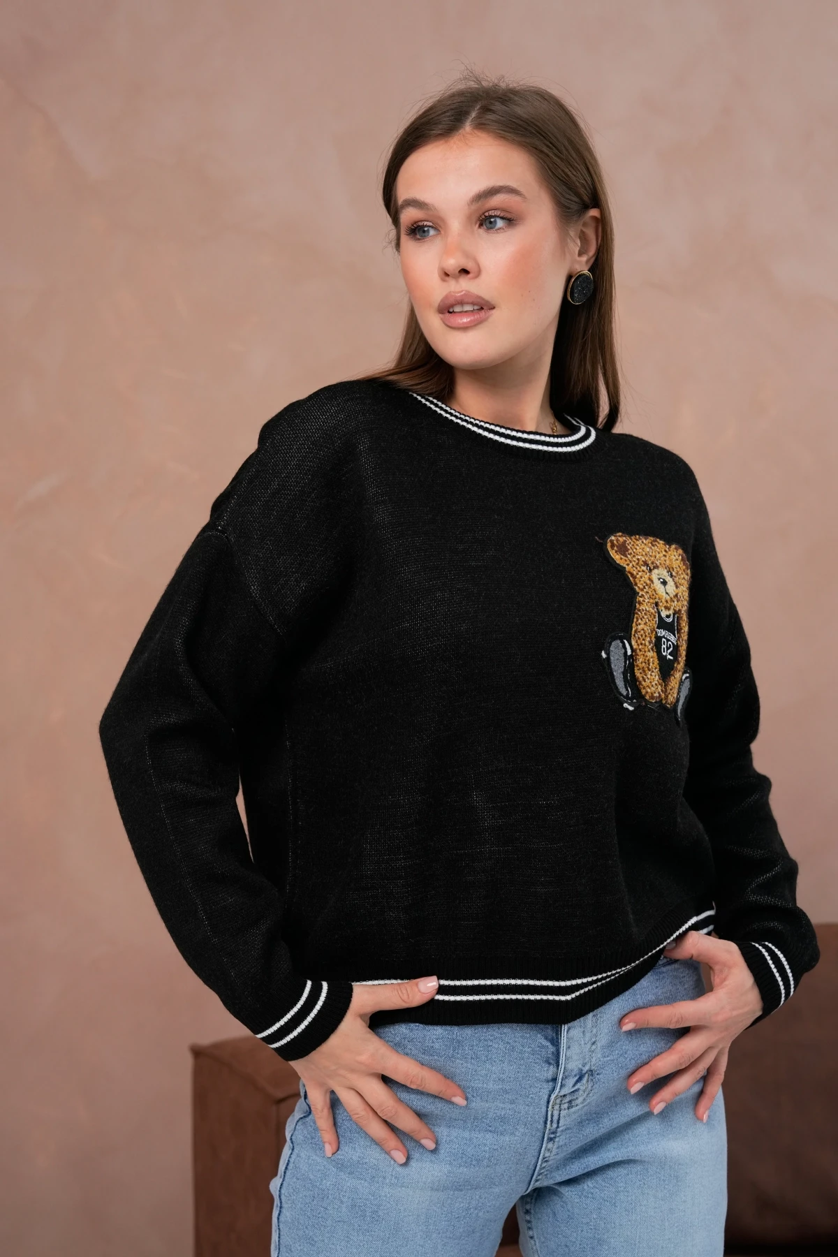 Kadın Bisiklet Yaka Çizgi Detay Nakışlı Triko Kazak 10519