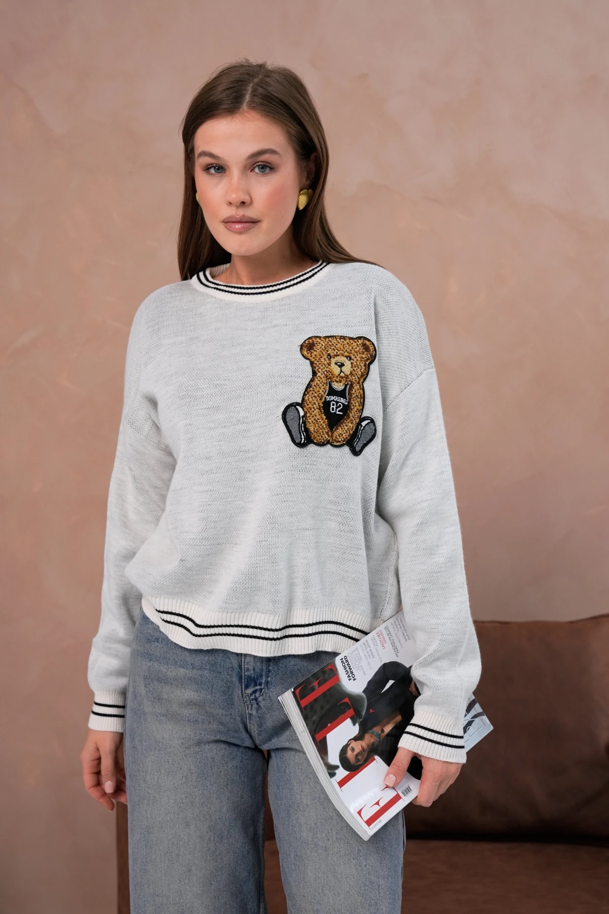 Kadın Bisiklet Yaka Çizgi Detay Nakışlı Triko Kazak 10519