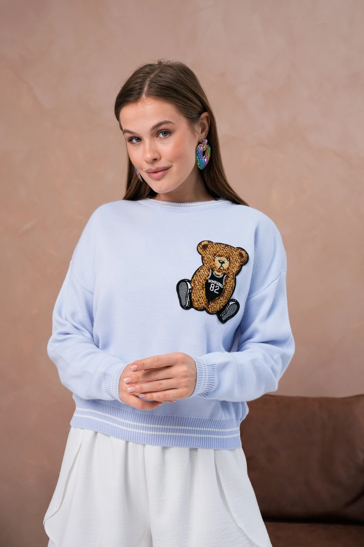 Kadın Bisiklet Yaka Çizgi Detay Nakışlı Triko Kazak 10519