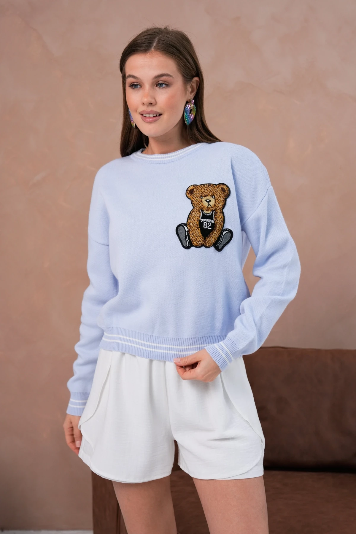 Kadın Bisiklet Yaka Çizgi Detay Nakışlı Triko Kazak 10519