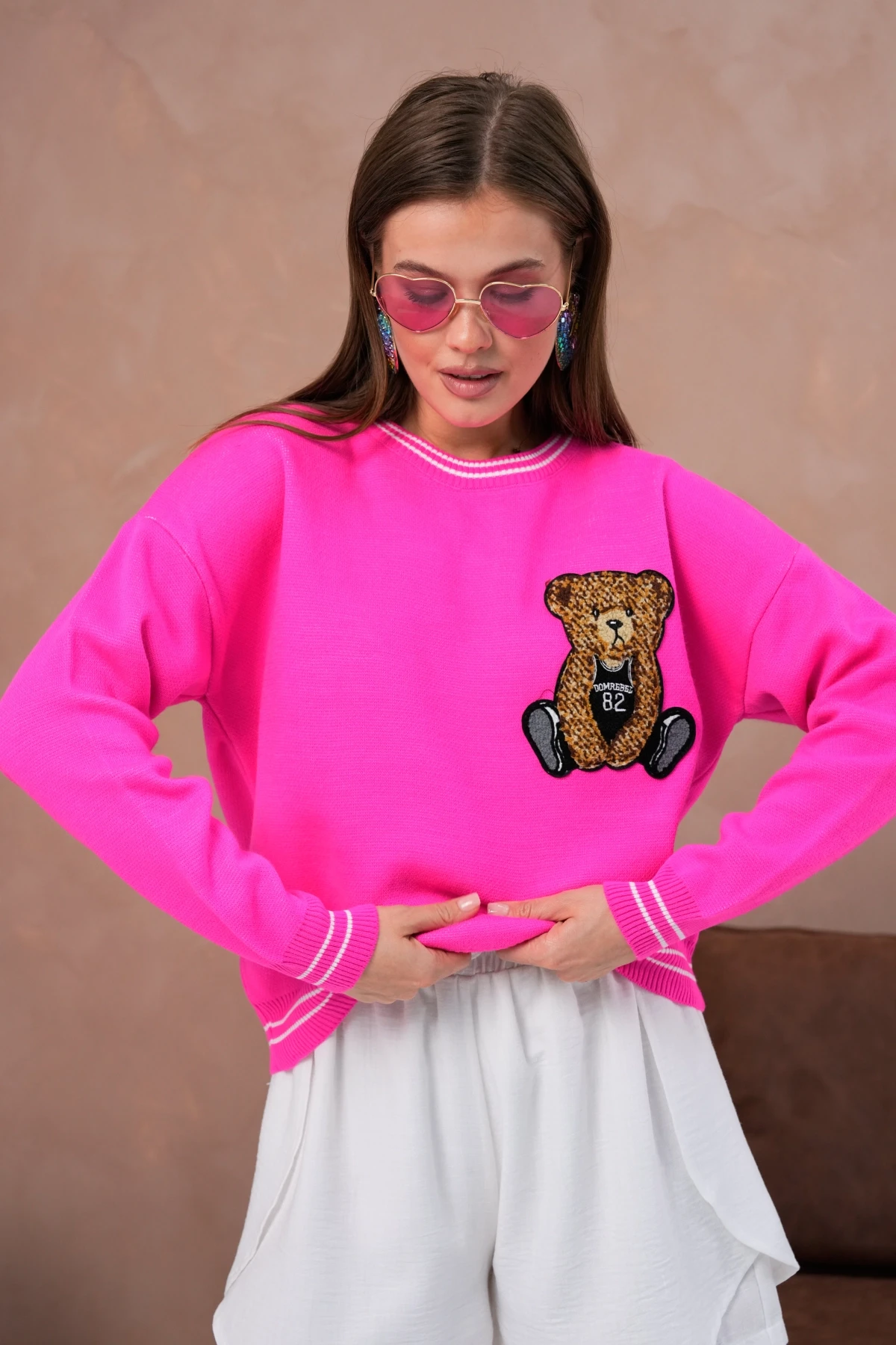 Kadın Bisiklet Yaka Çizgi Detay Nakışlı Triko Kazak 10519