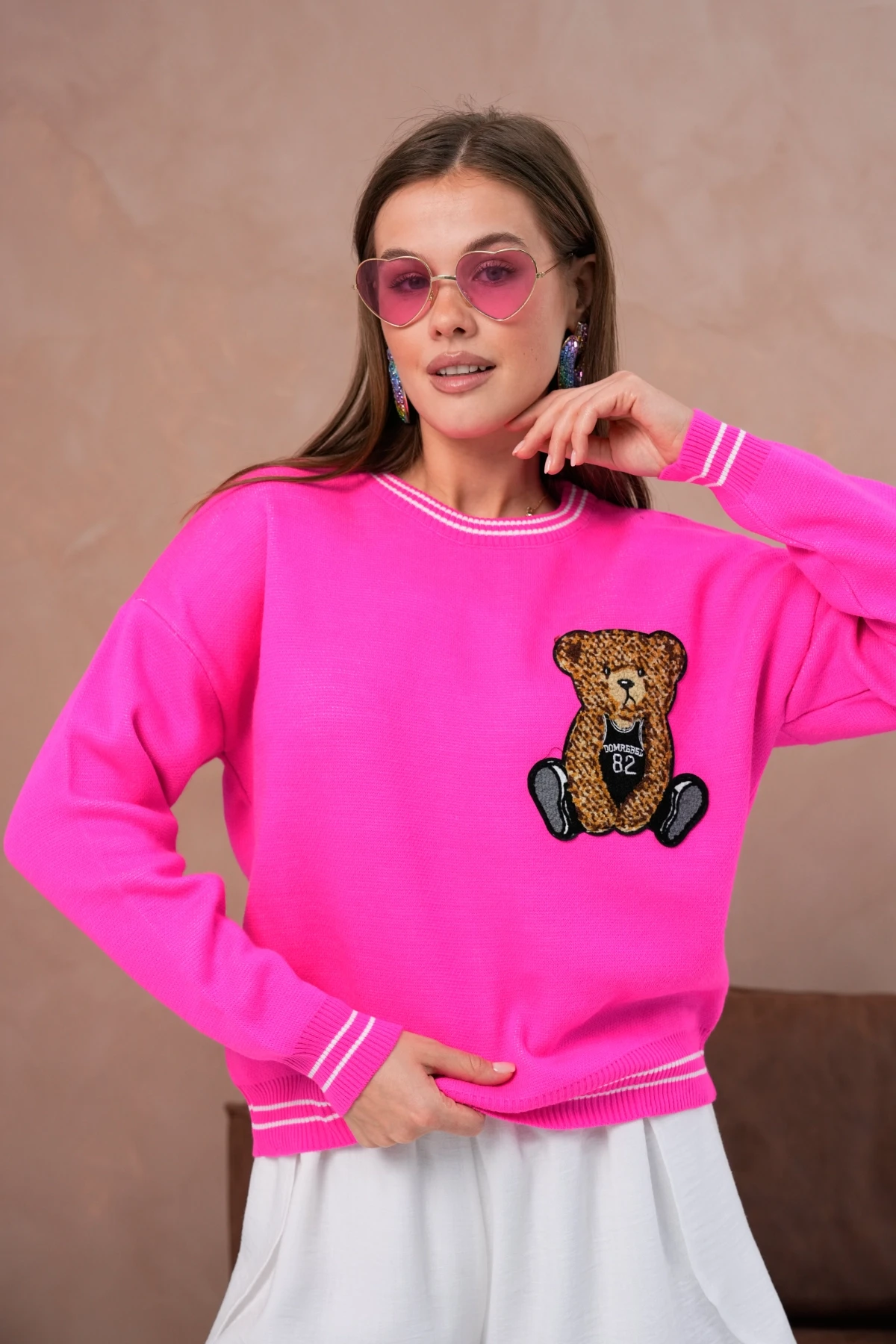 Kadın Bisiklet Yaka Çizgi Detay Nakışlı Triko Kazak 10519