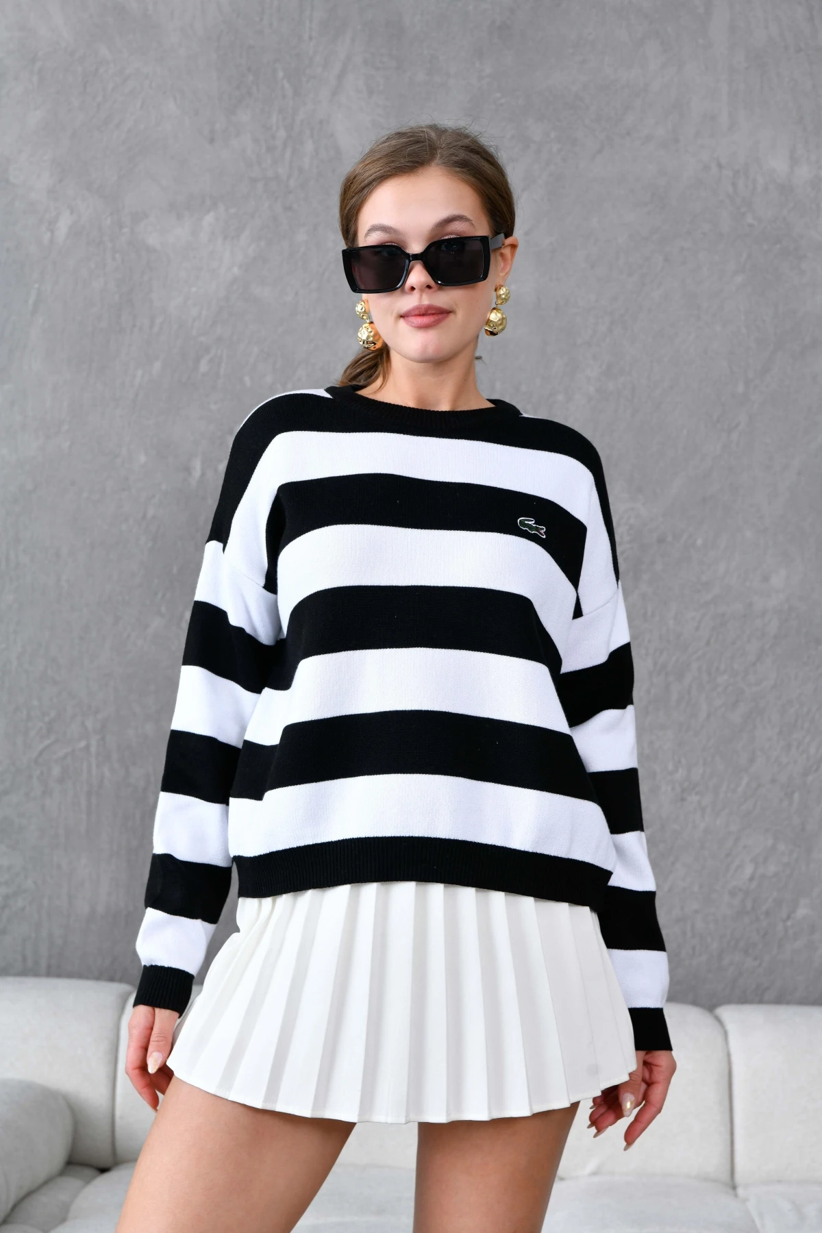 Kadın Bisiklet Yaka Çizgili Triko Kazak 10279.Ctn