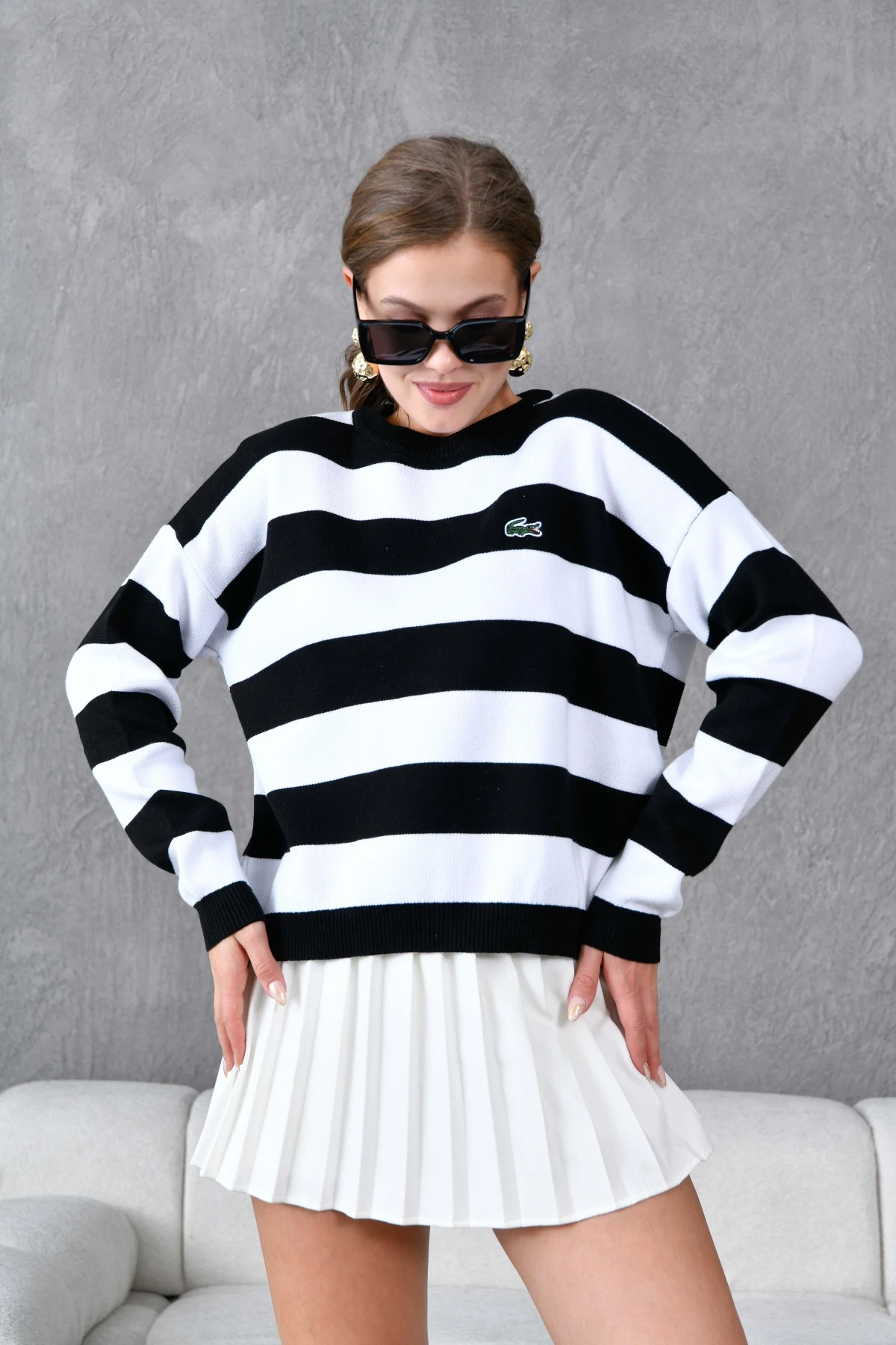 Kadın Bisiklet Yaka Çizgili Triko Kazak 10279.Ctn