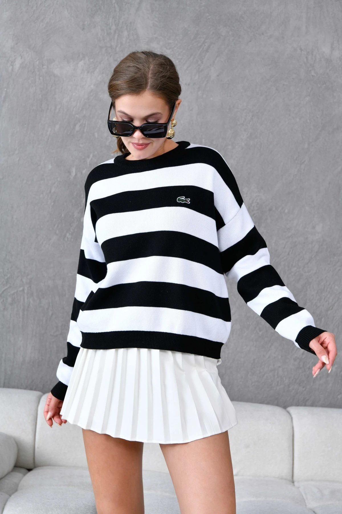 Kadın Bisiklet Yaka Çizgili Triko Kazak 10279.Ctn