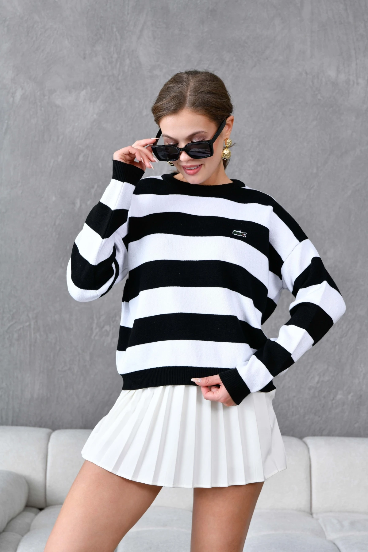 Kadın Bisiklet Yaka Çizgili Triko Kazak 10279.Ctn