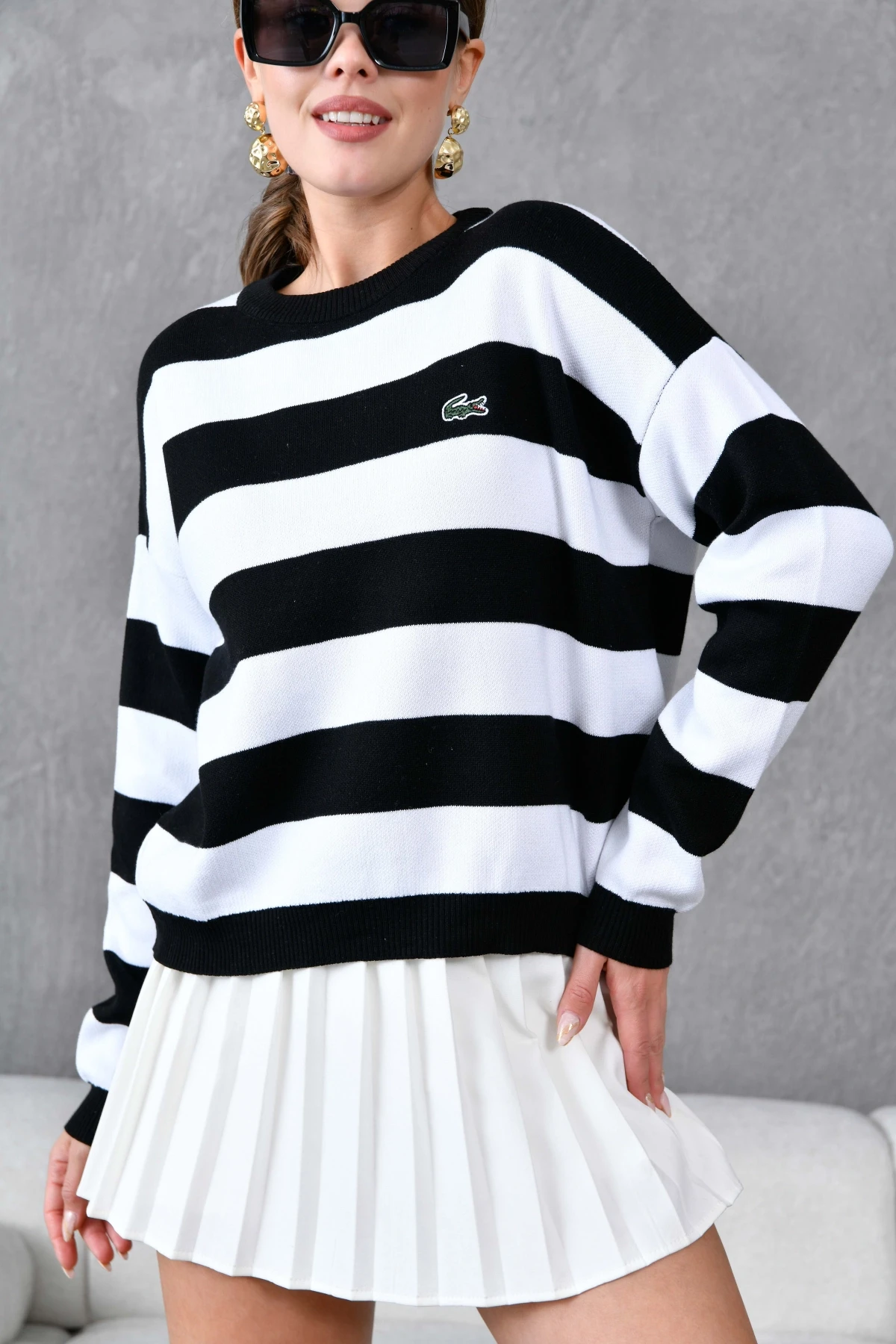 Kadın Bisiklet Yaka Çizgili Triko Kazak 10279.Ctn