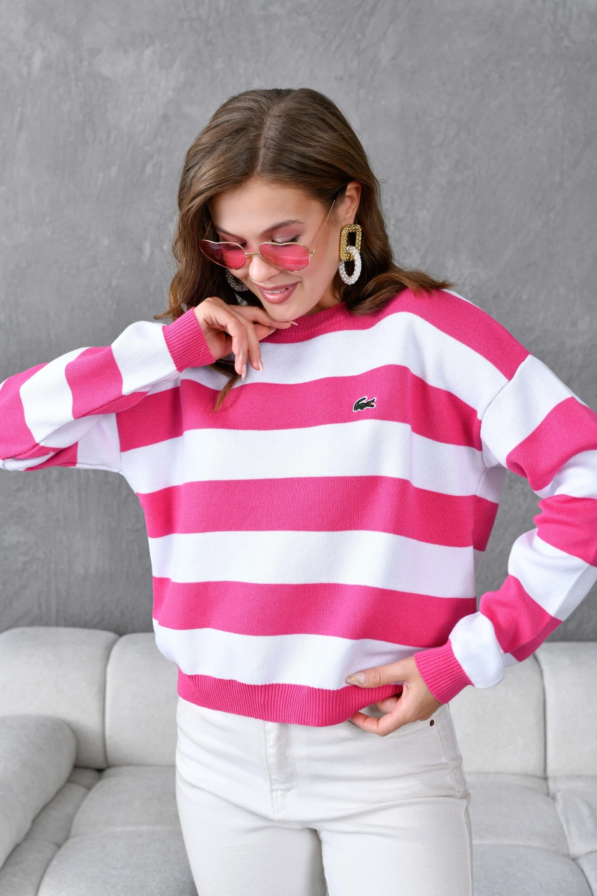 Kadın Bisiklet Yaka Çizgili Triko Kazak 10279.Ctn