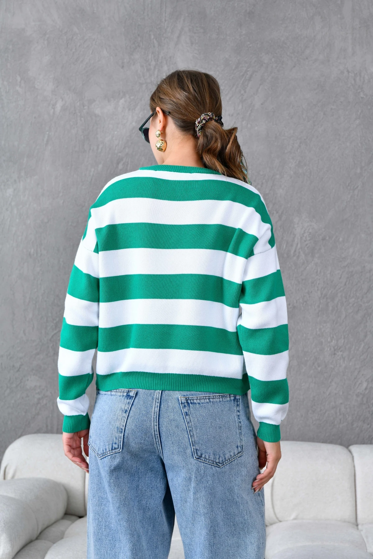 Kadın Bisiklet Yaka Çizgili Triko Kazak 10279.Ctn