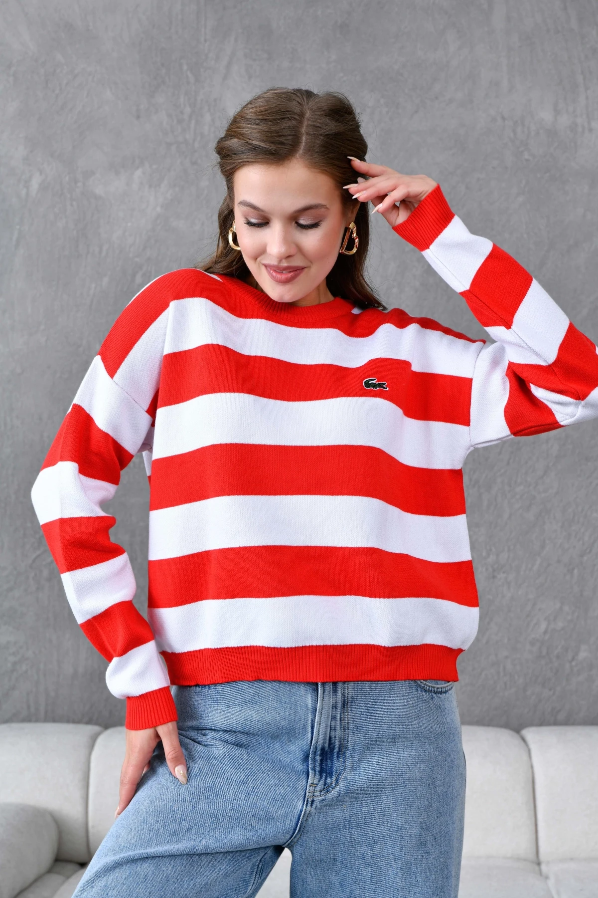 Kadın Bisiklet Yaka Çizgili Triko Kazak 10279.Ctn