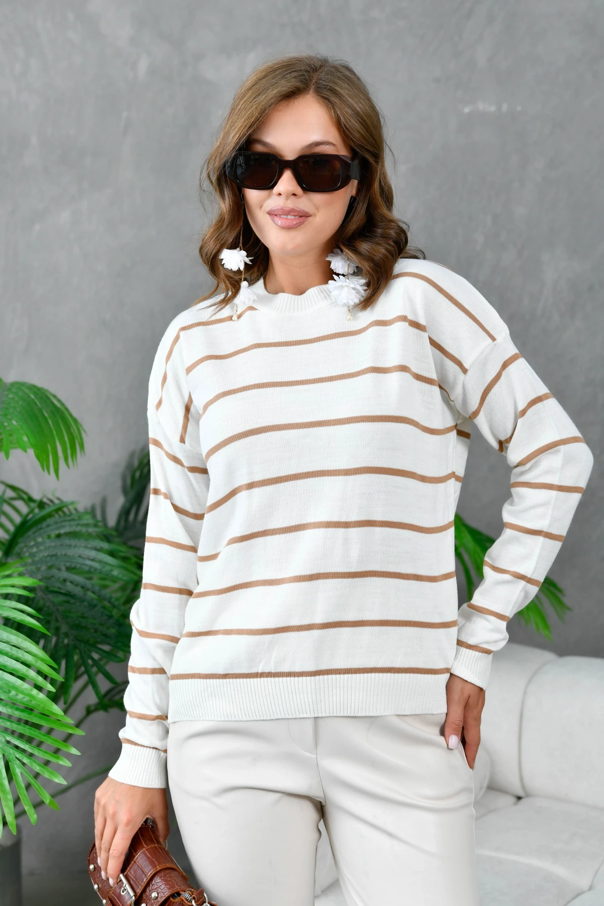 Kadın Bisiklet Yaka Çizgili Triko Kazak 214248