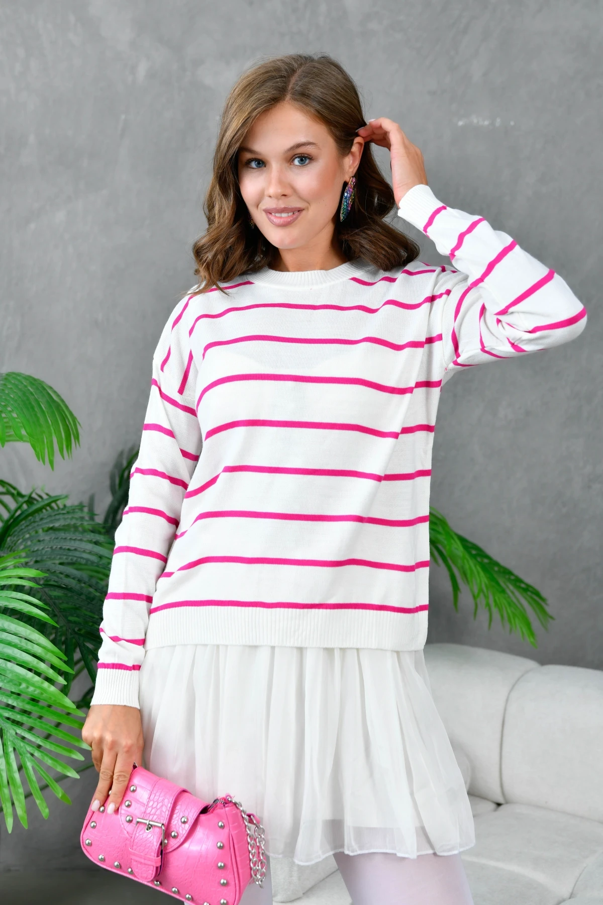 Kadın Bisiklet Yaka Çizgili Triko Kazak 214248