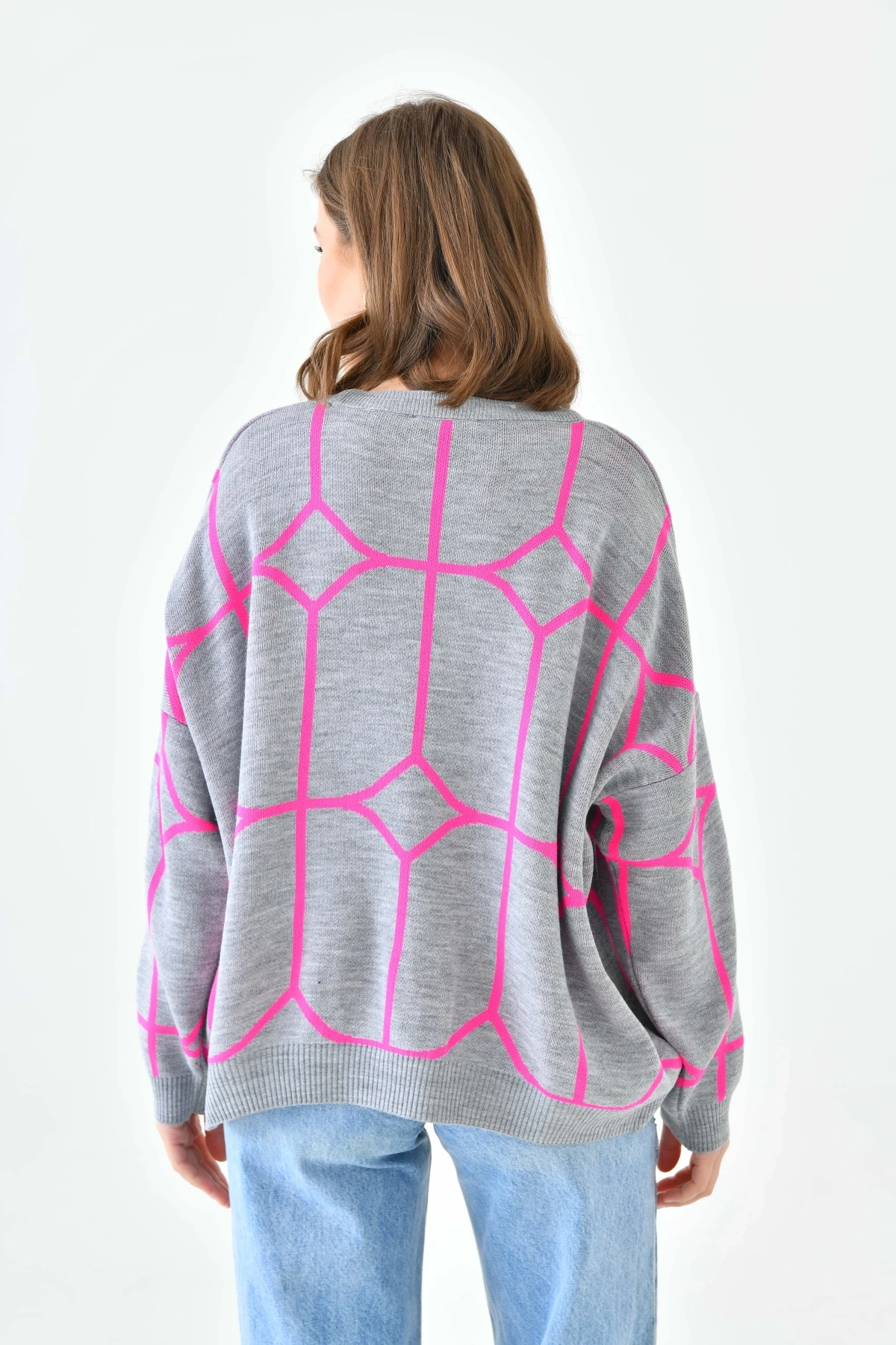 Kadın Bisiklet Yaka Desenli Oversize Triko Kazak 224403