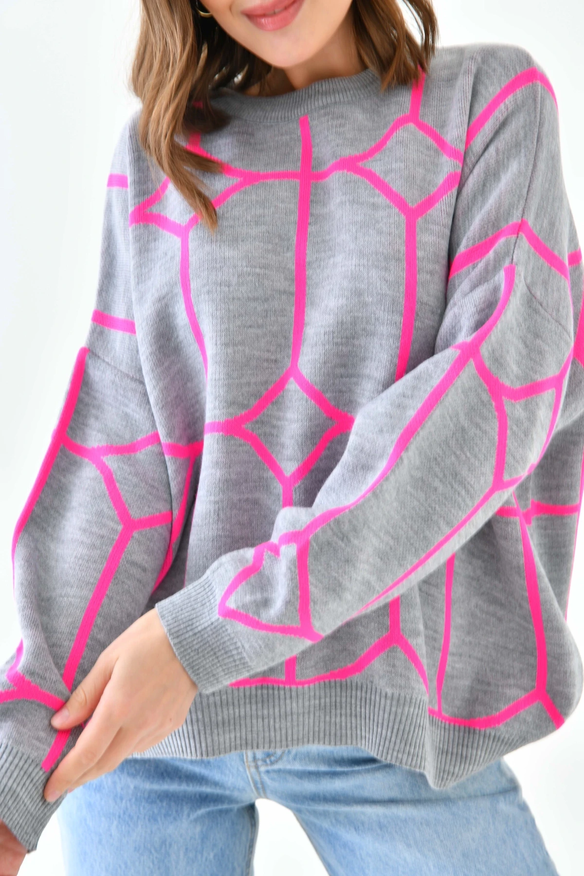 Kadın Bisiklet Yaka Desenli Oversize Triko Kazak 224403