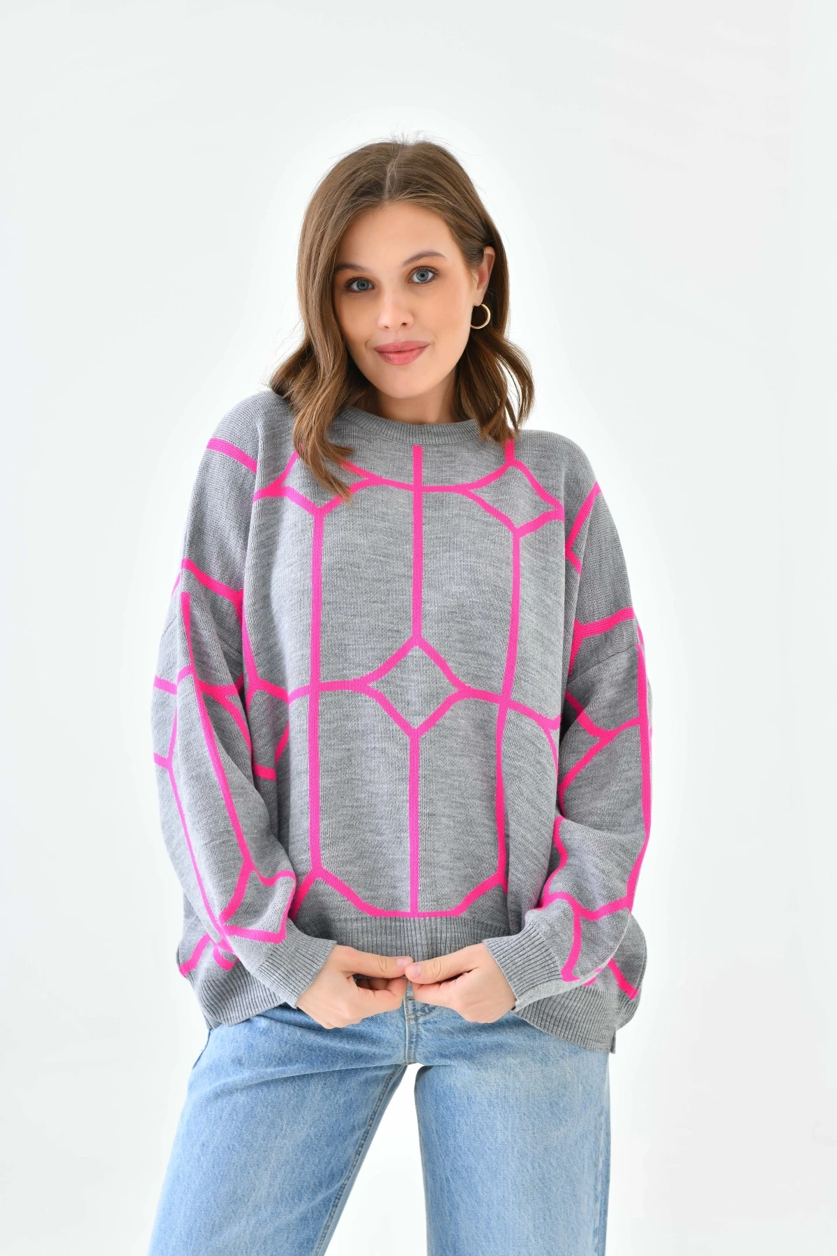 Kadın Bisiklet Yaka Desenli Oversize Triko Kazak 224403