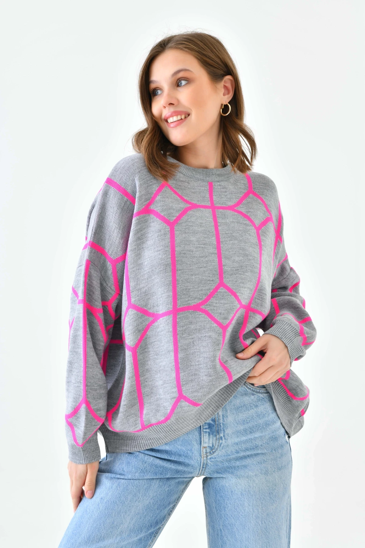 Kadın Bisiklet Yaka Desenli Oversize Triko Kazak 224403