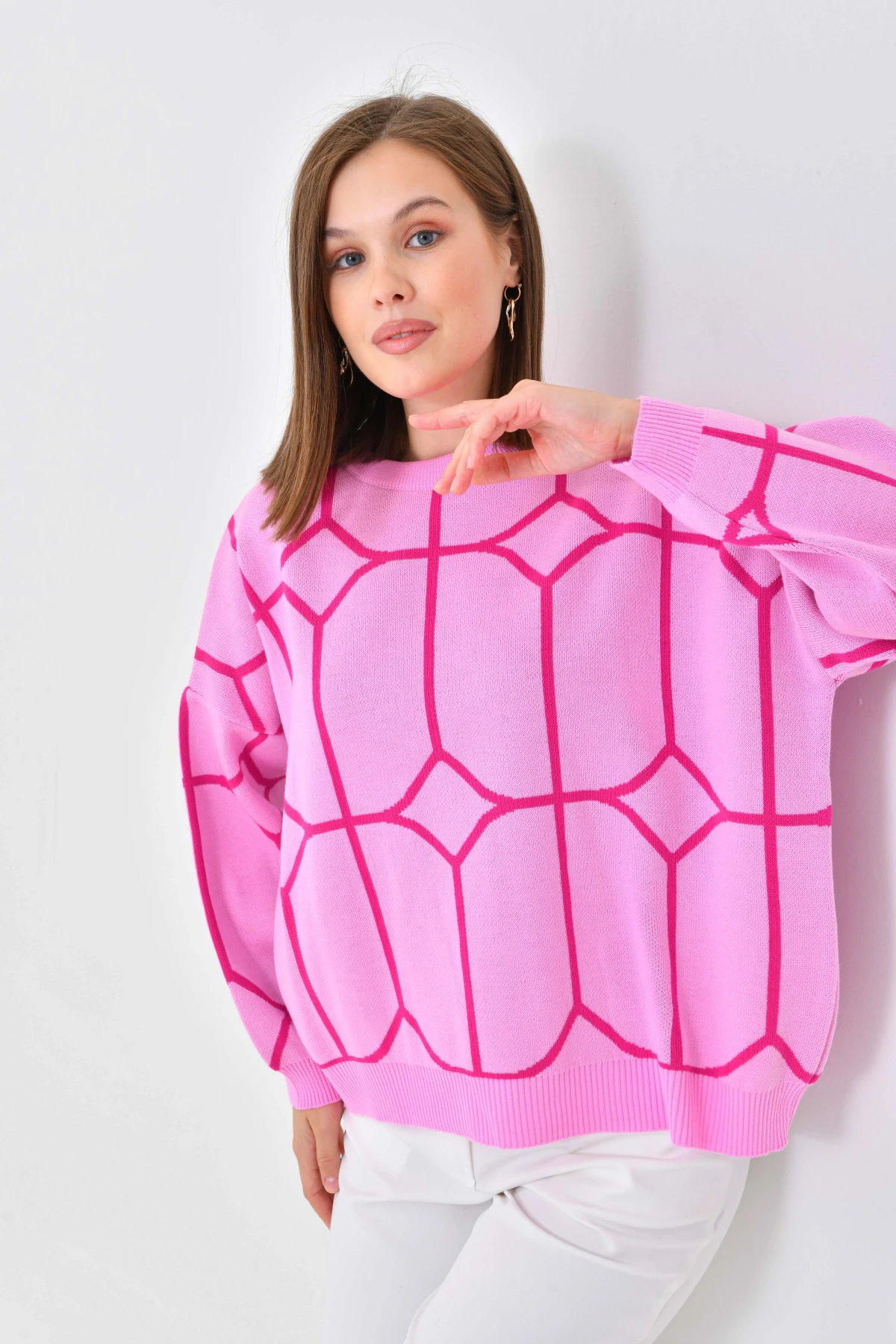 Kadın Bisiklet Yaka Desenli Oversize Triko Kazak 224403